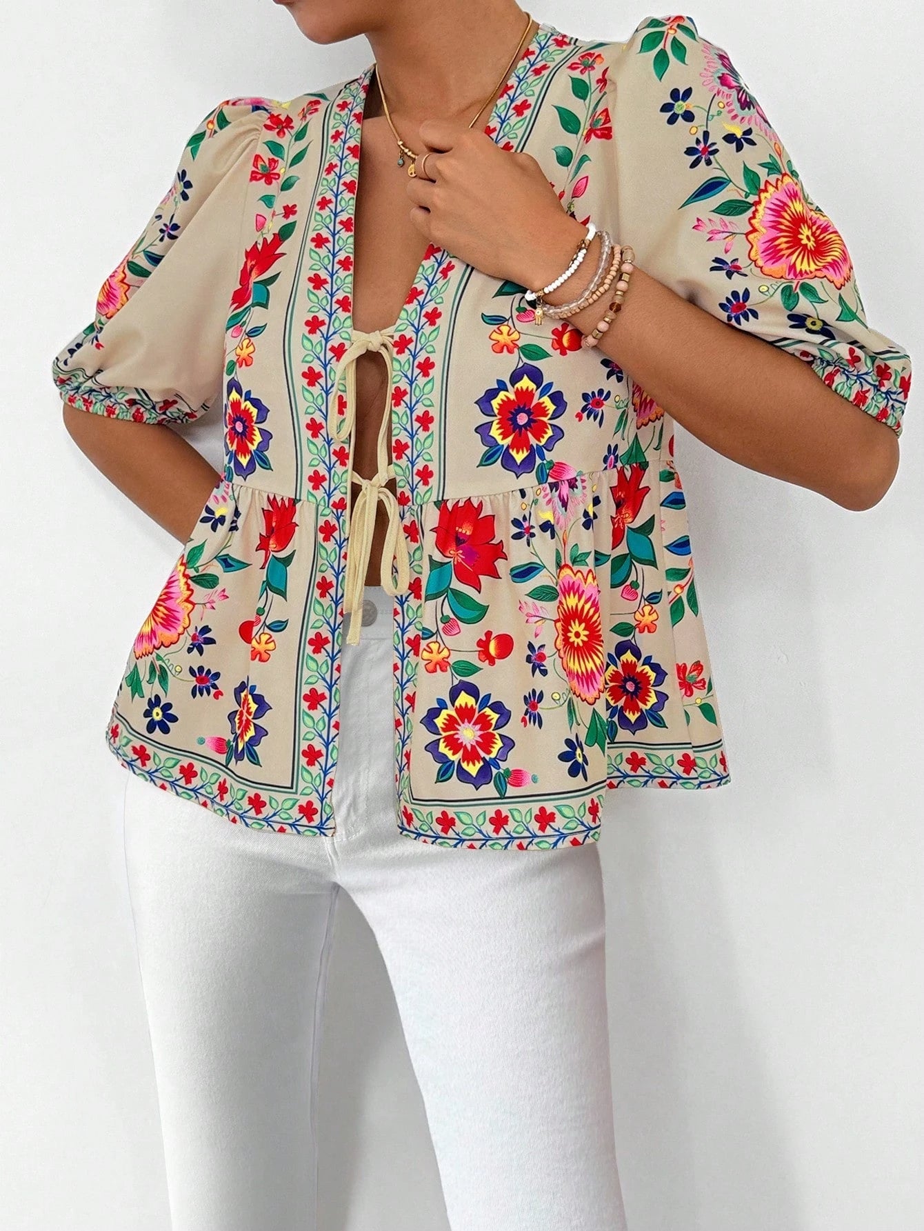 Printed Puff Sleeve Bow Blouse