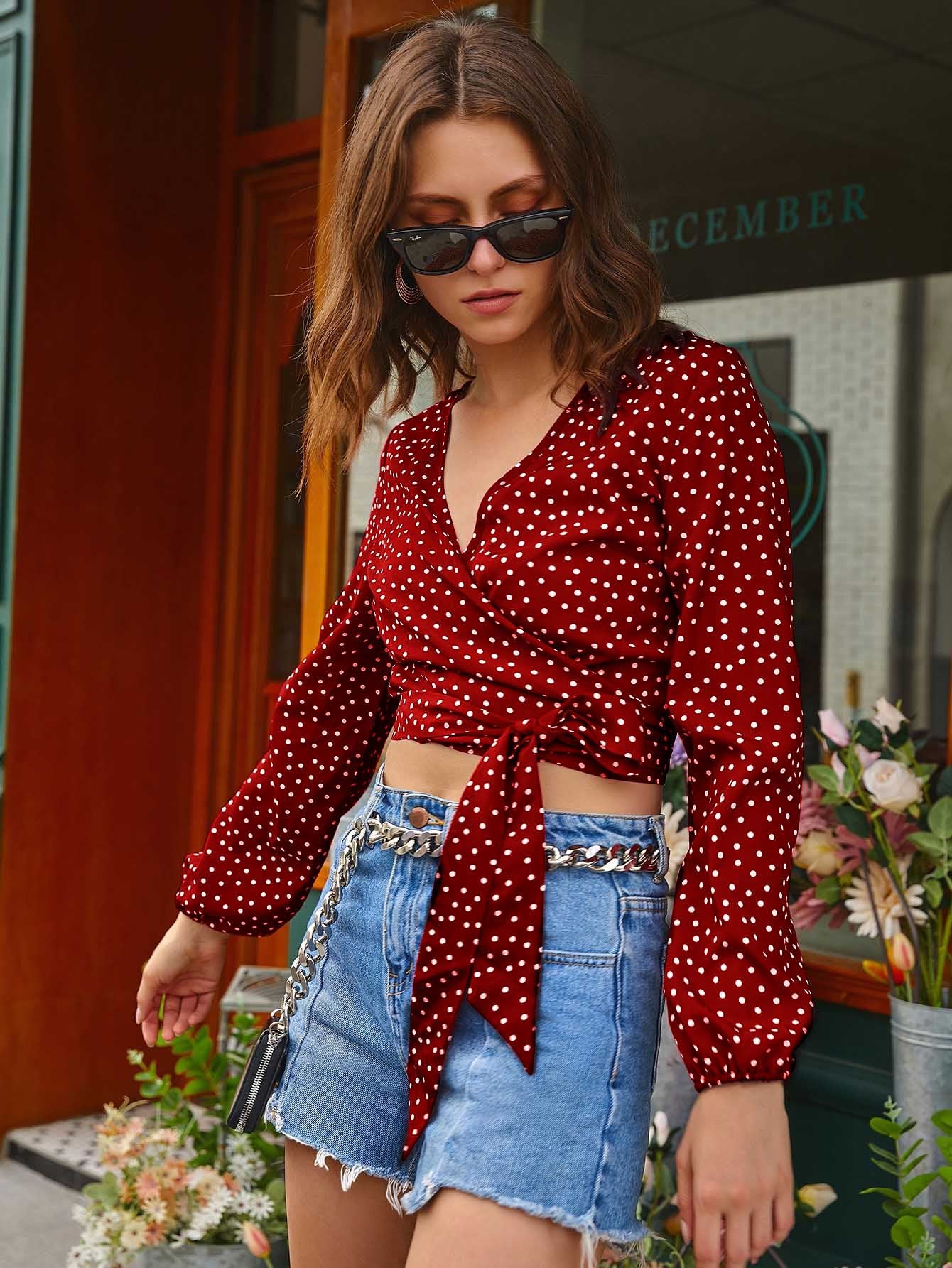 Polka Dot Cropped Wrap Top