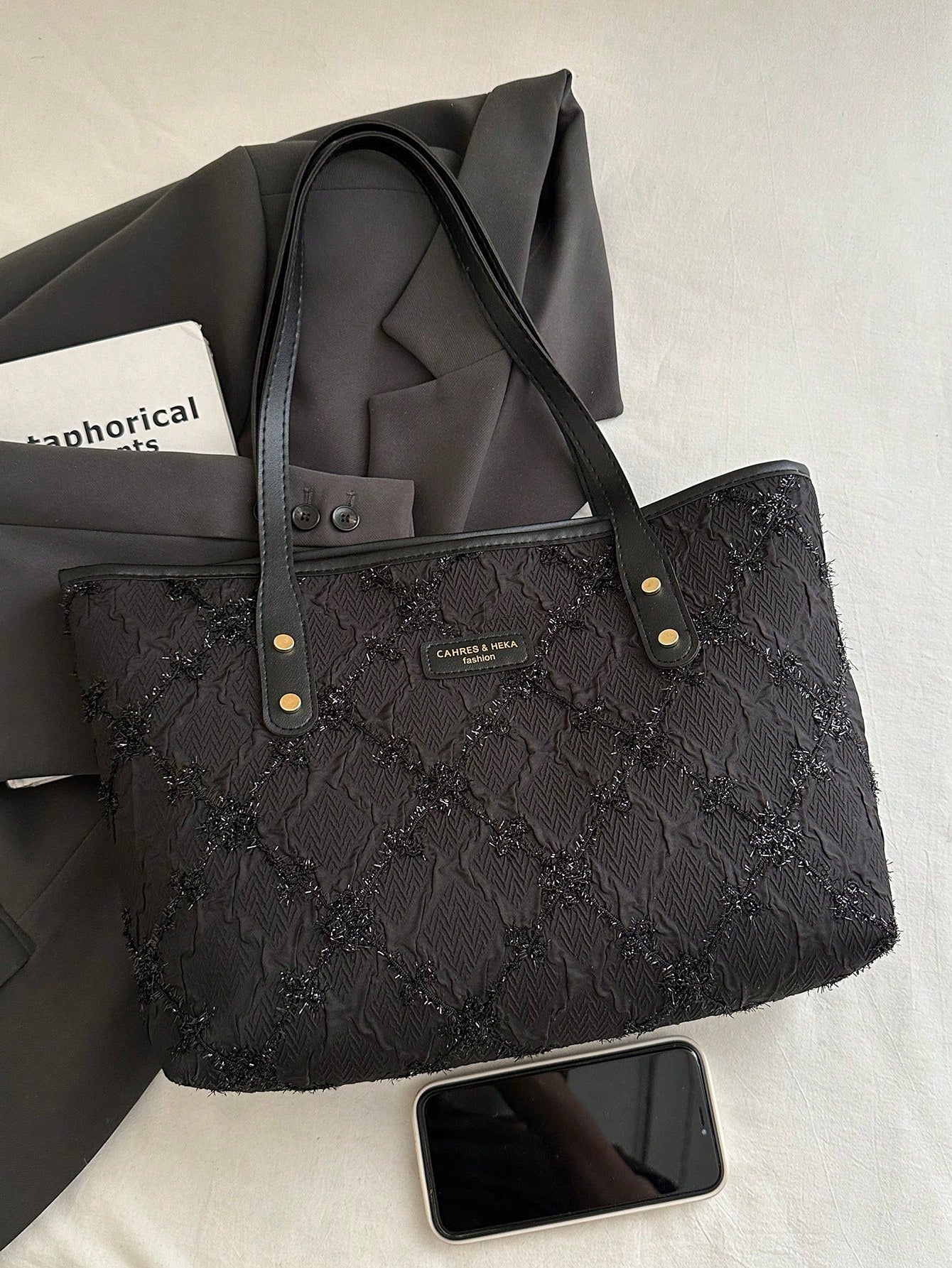 Black Textured Elegant Tote Bag