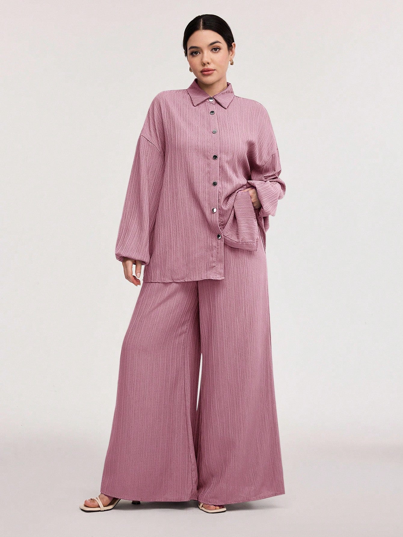 Textured Lantern Sleeve Pants Set