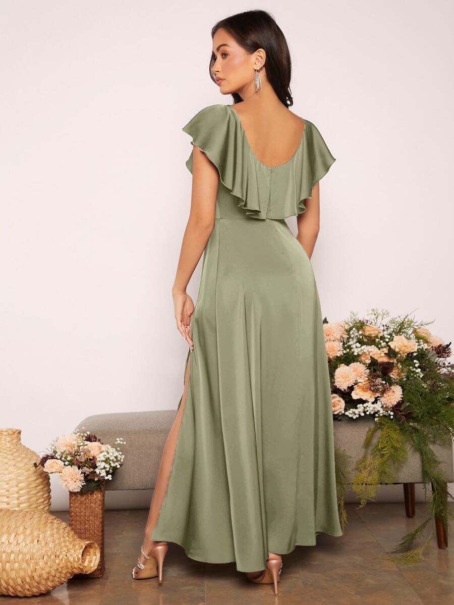 Ruffle Slit Satin Formal Dress