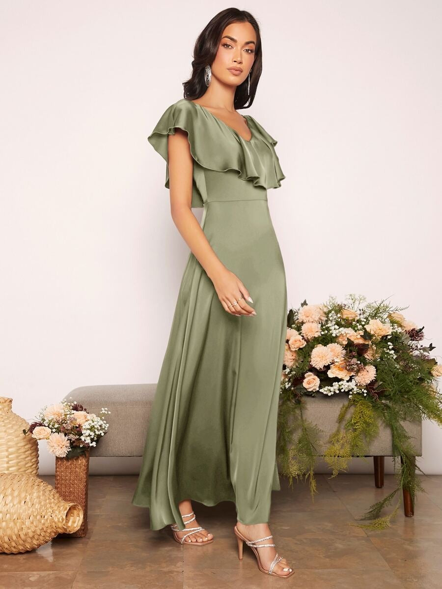 Ruffle Slit Satin Formal Dress