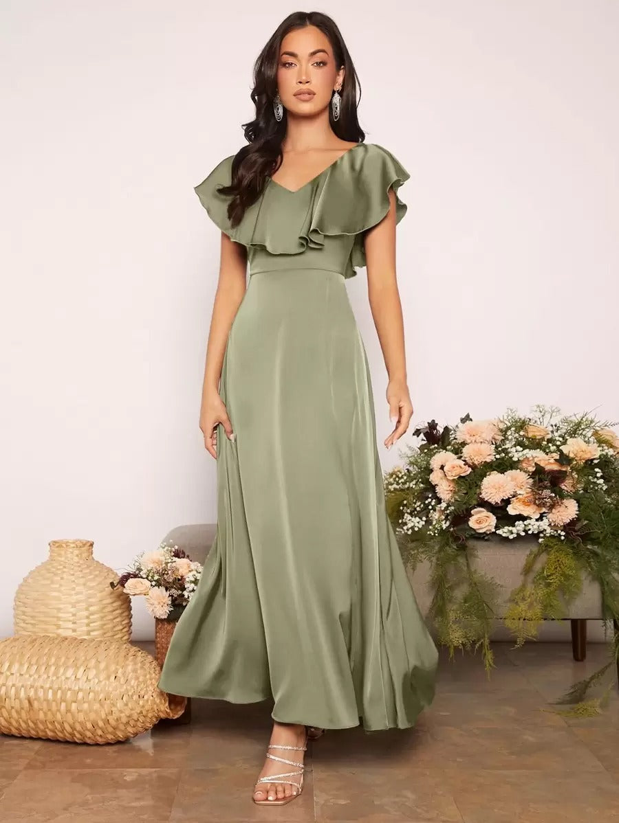 Ruffle Slit Satin Formal Dress