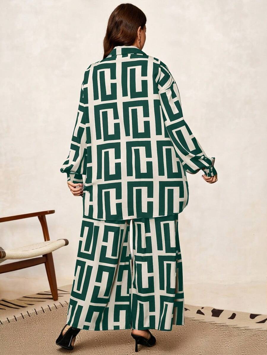 Khaki Print Lantern Sleeve Set