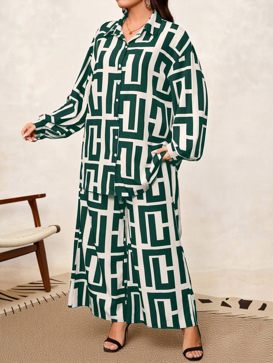 Khaki Print Lantern Sleeve Set