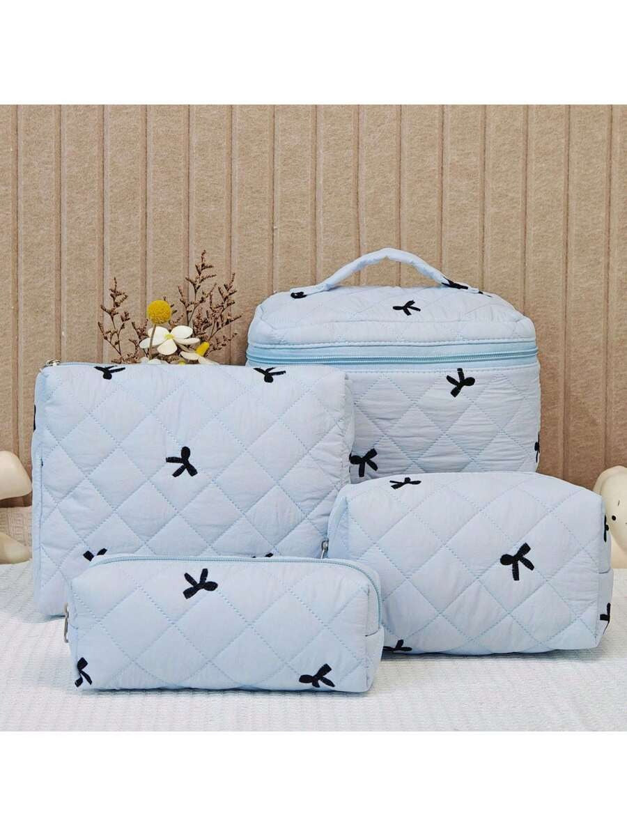 Bow Embroidered Quilted Makeup Bag