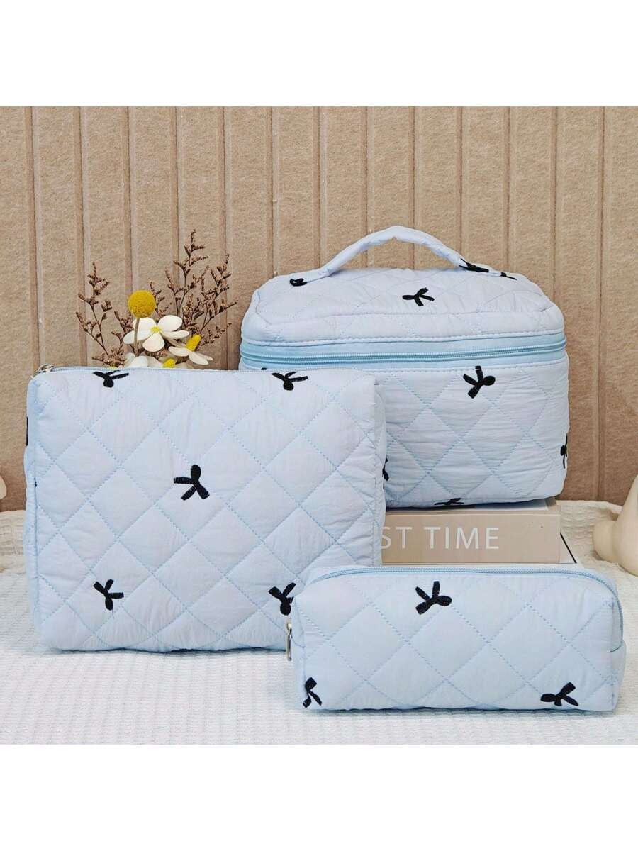 Bow Embroidered Quilted Makeup Bag