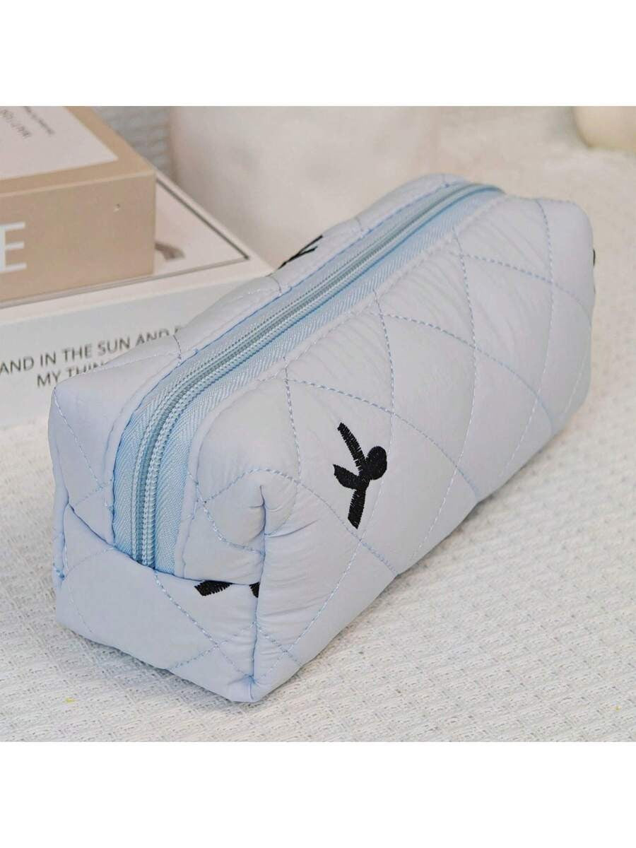 Bow Embroidered Quilted Makeup Bag