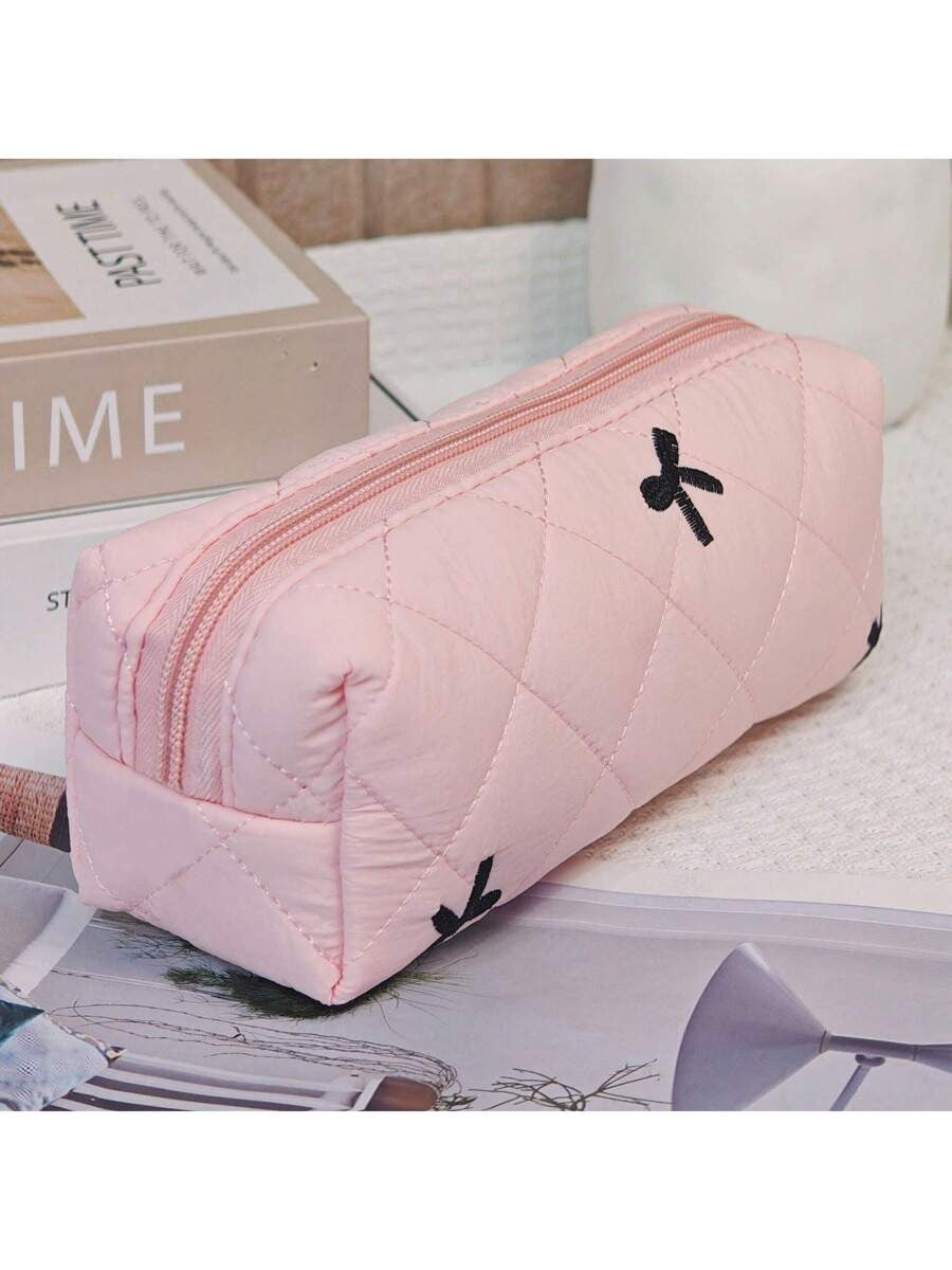 Bow Embroidered Quilted Makeup Bag