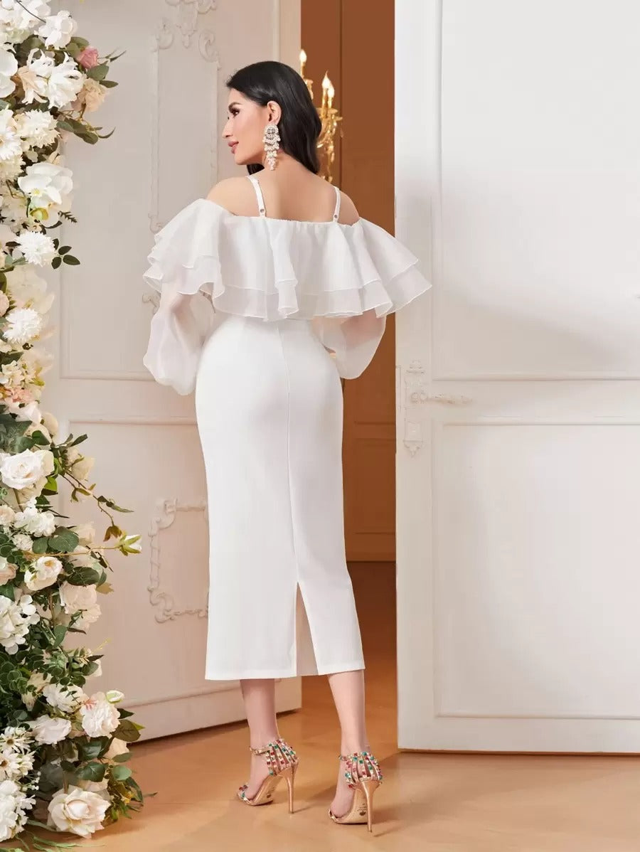 Cold-Shoulder Ruffle Trim Evening Gown