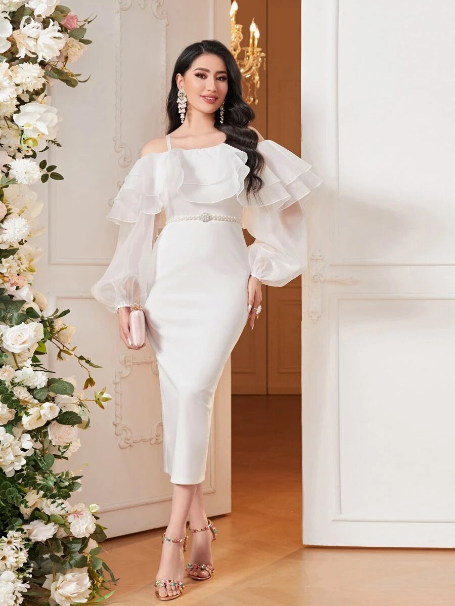 Cold-Shoulder Ruffle Trim Evening Gown