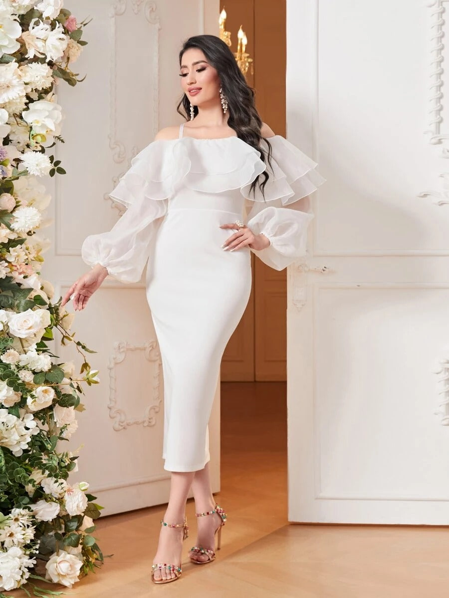 Cold-Shoulder Ruffle Trim Evening Gown