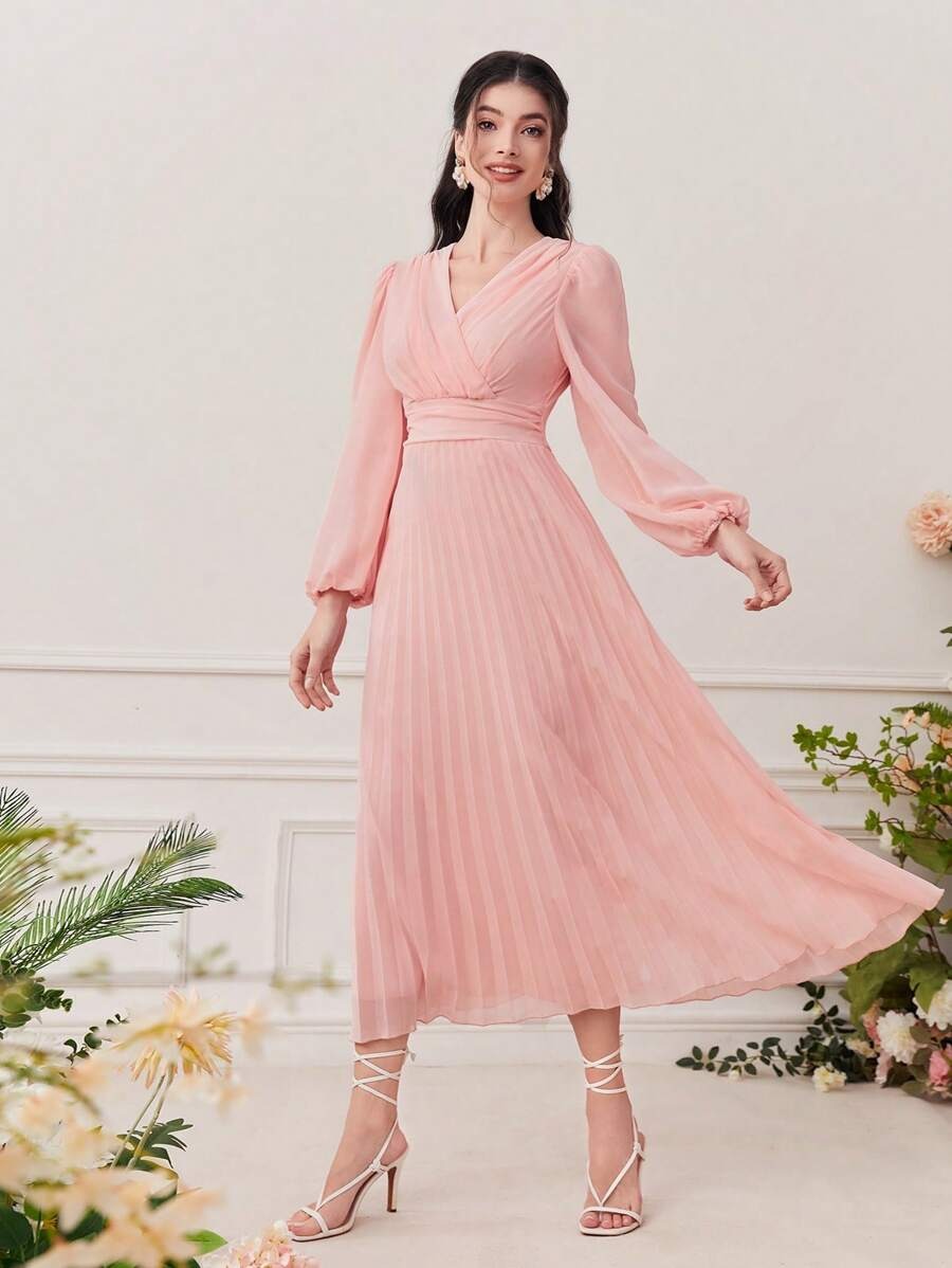 Pleated Surplice Lantern Maxi Dress