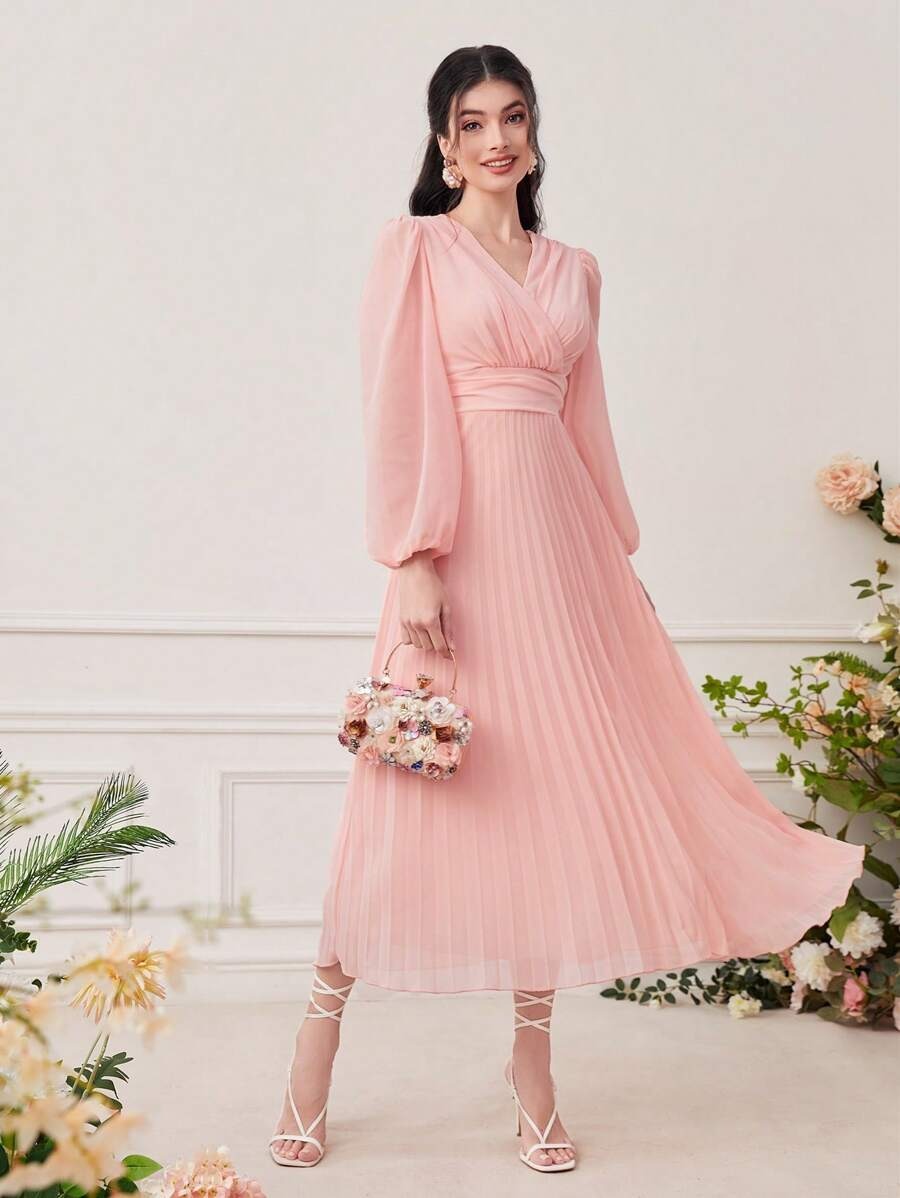 Pleated Surplice Lantern Maxi Dress