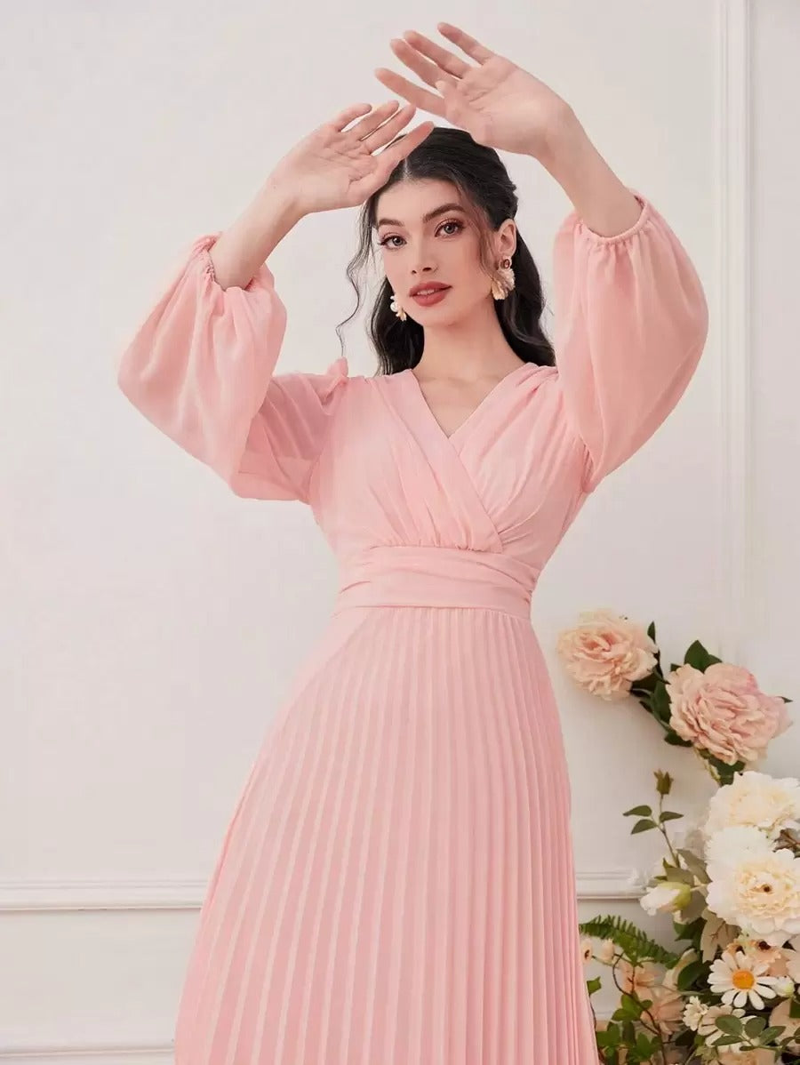 Pleated Surplice Lantern Maxi Dress