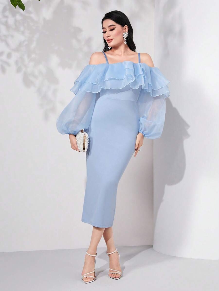 Cold-Shoulder Ruffle Trim Evening Gown