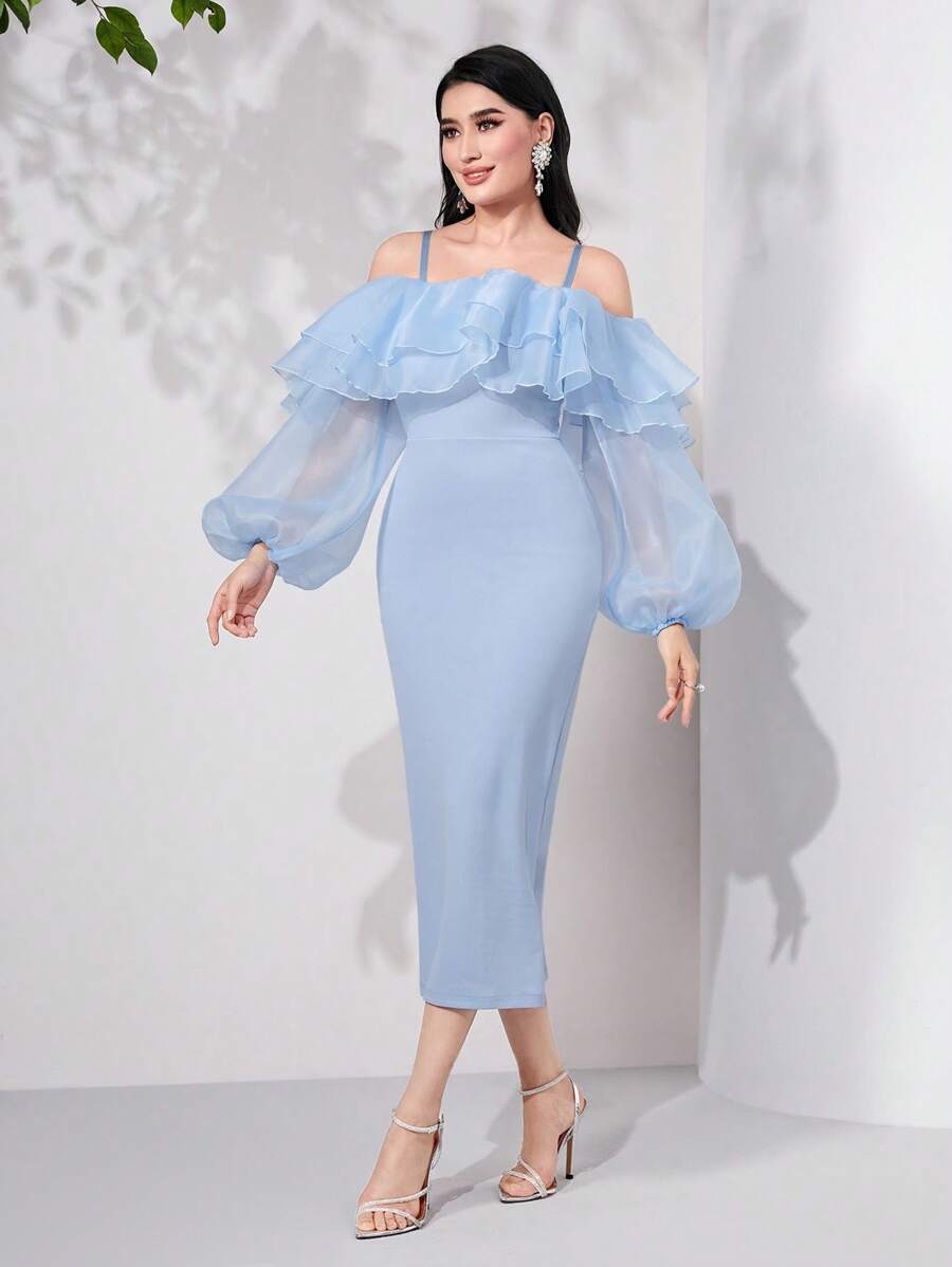 Cold-Shoulder Ruffle Trim Evening Gown