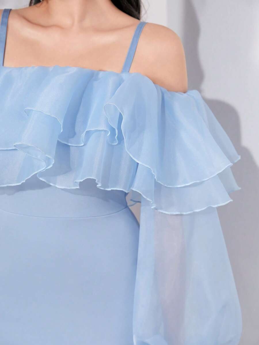 Cold-Shoulder Ruffle Trim Evening Gown