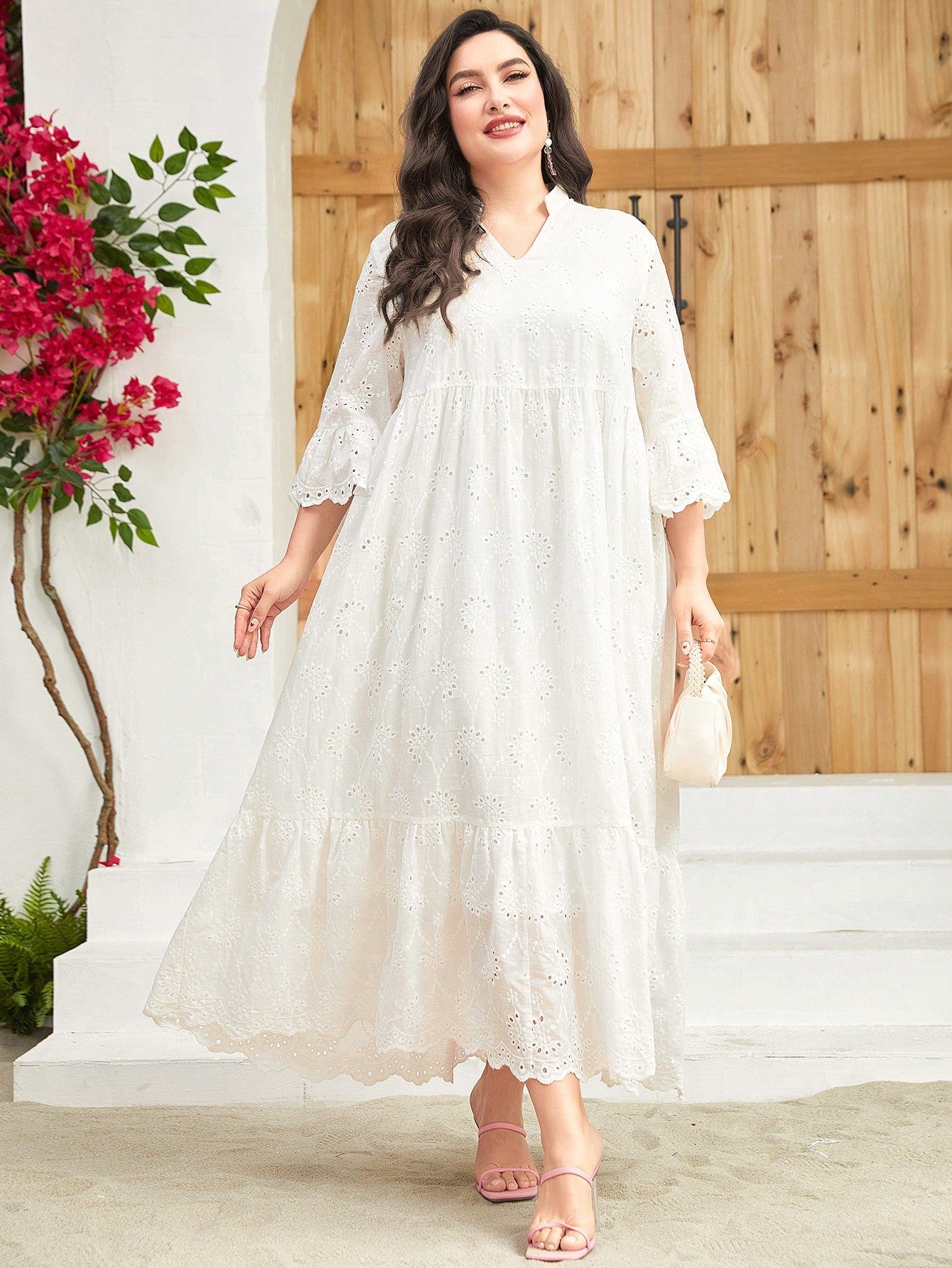 Front view of plus size lace eyelet maxi dress with ruffle hem – white