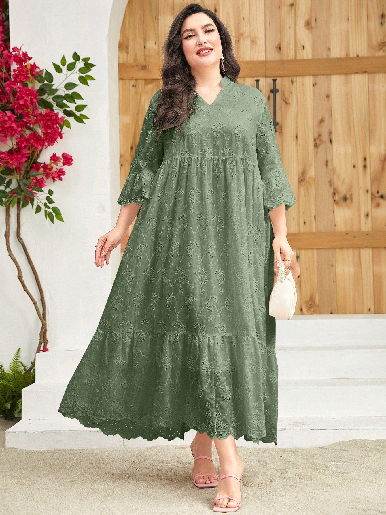 Plus size eyelet lace dress styled with heels – occasion outfit