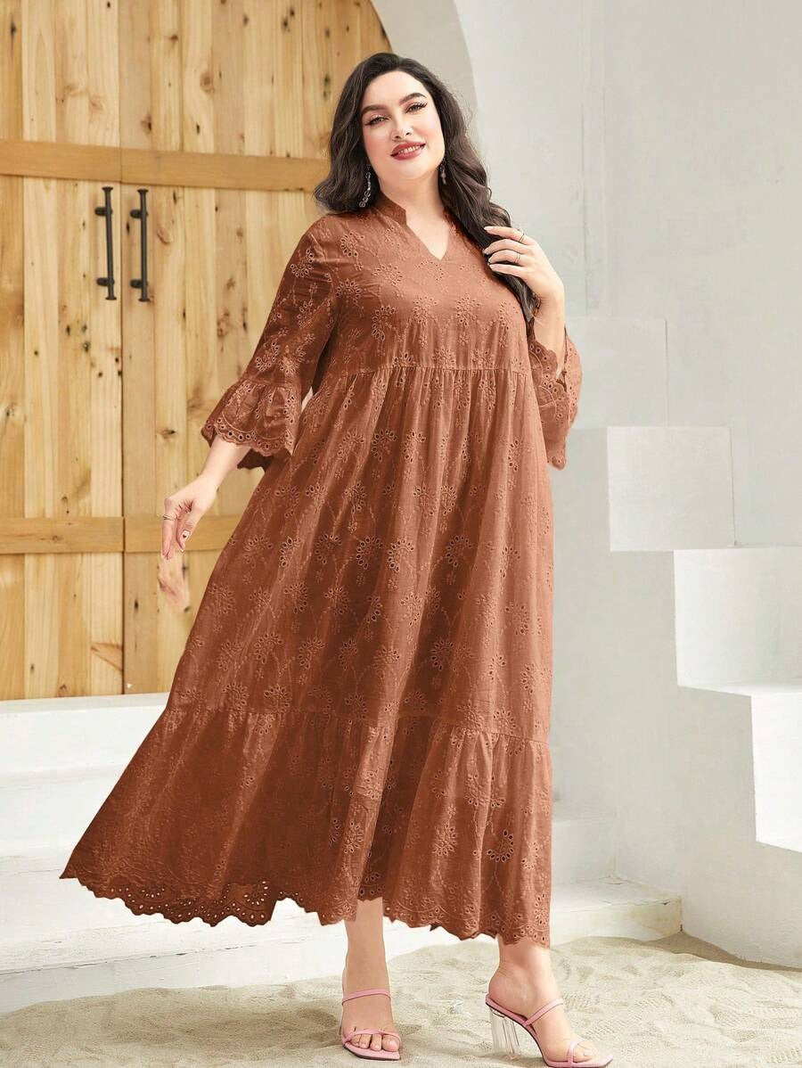 Eyelet Lace Ruffle Hem Maxi Dress