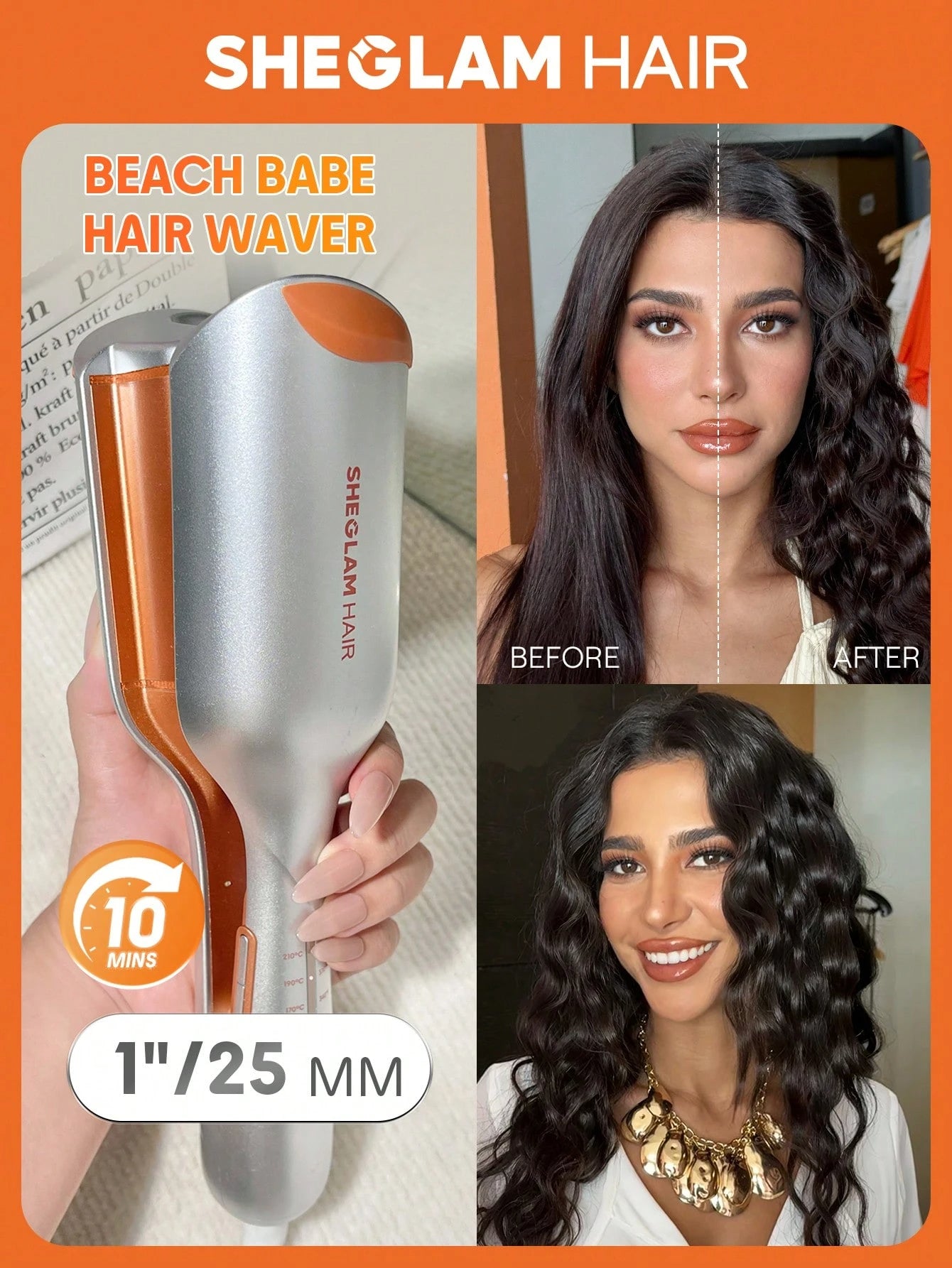 "SHEGLAM Beach Babe 2-barrel Ionic Hair Waver with anti-scald design, 50 million ions, and quick wave feature for effortless beach waves"