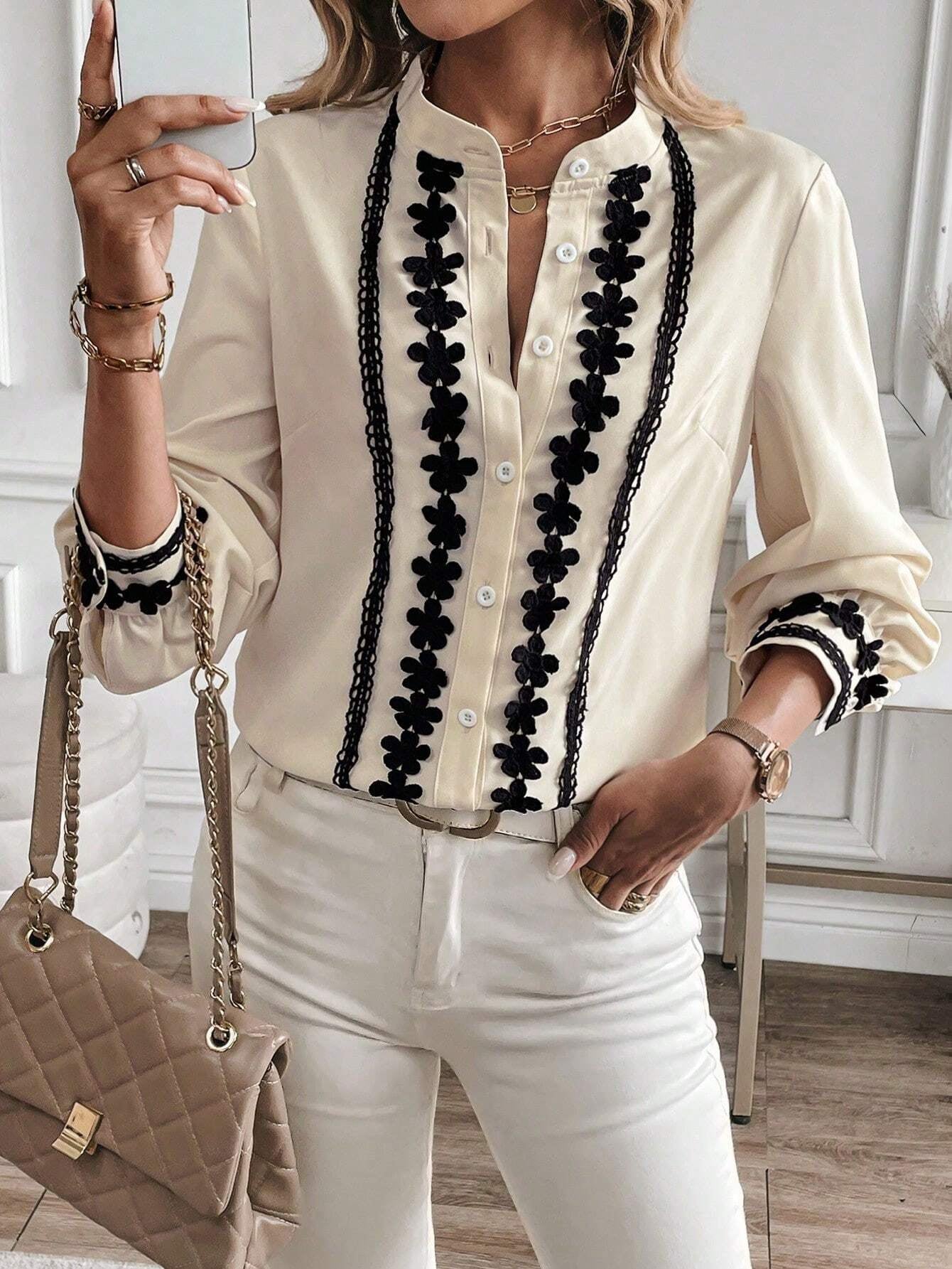 Floral Embroidered Stand Collar Blouse