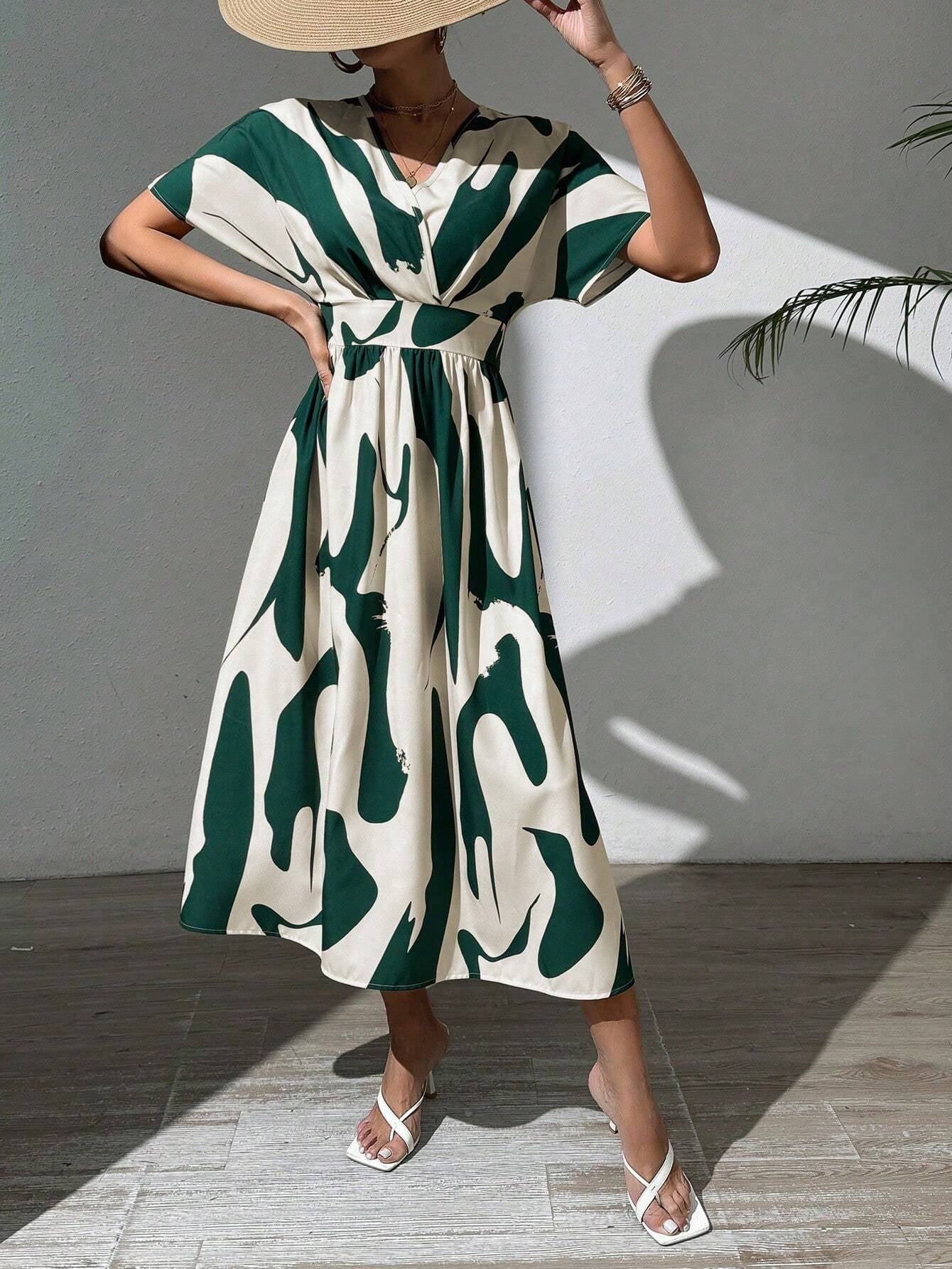 Printed V-Neck A-Line Dress