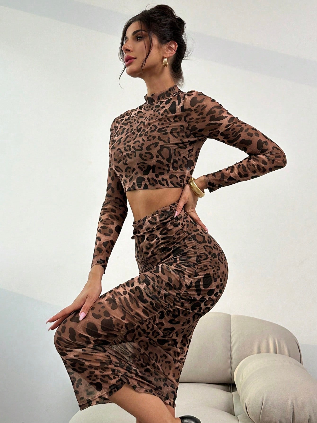 Leopard Print Mesh Skirt Set