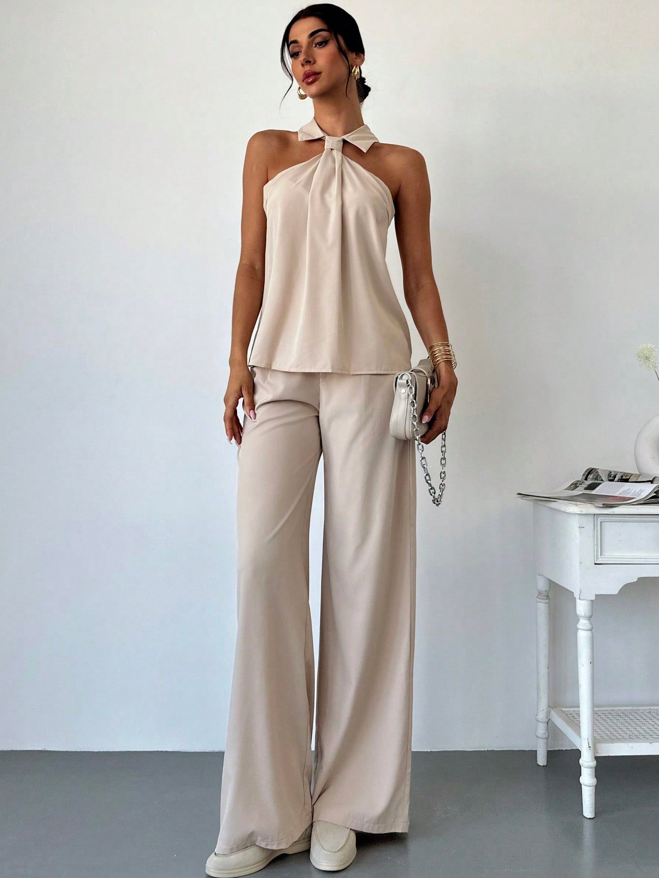 Ruffle Collar Wide Leg Set
