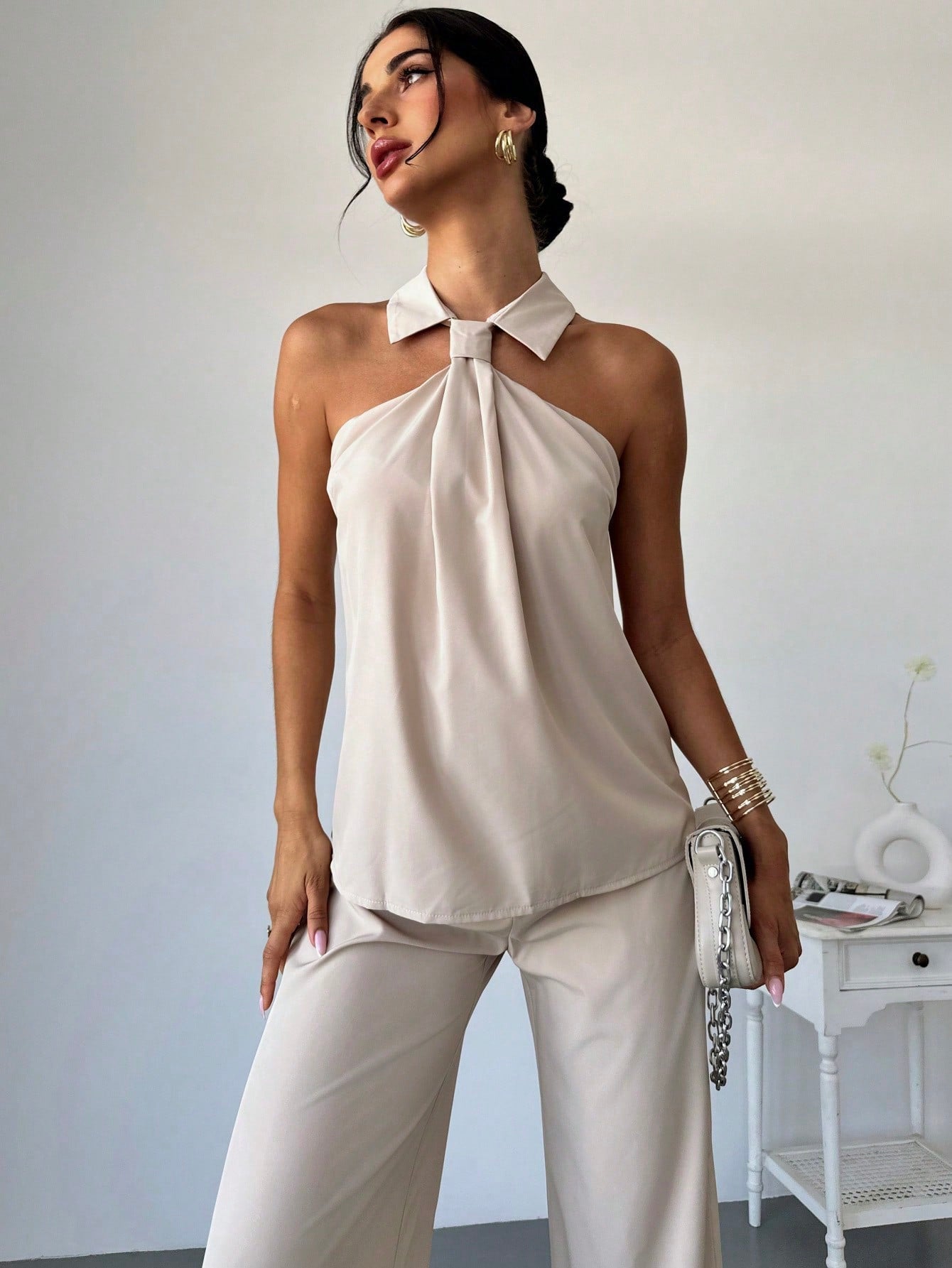 Ruffle Collar Wide Leg Set