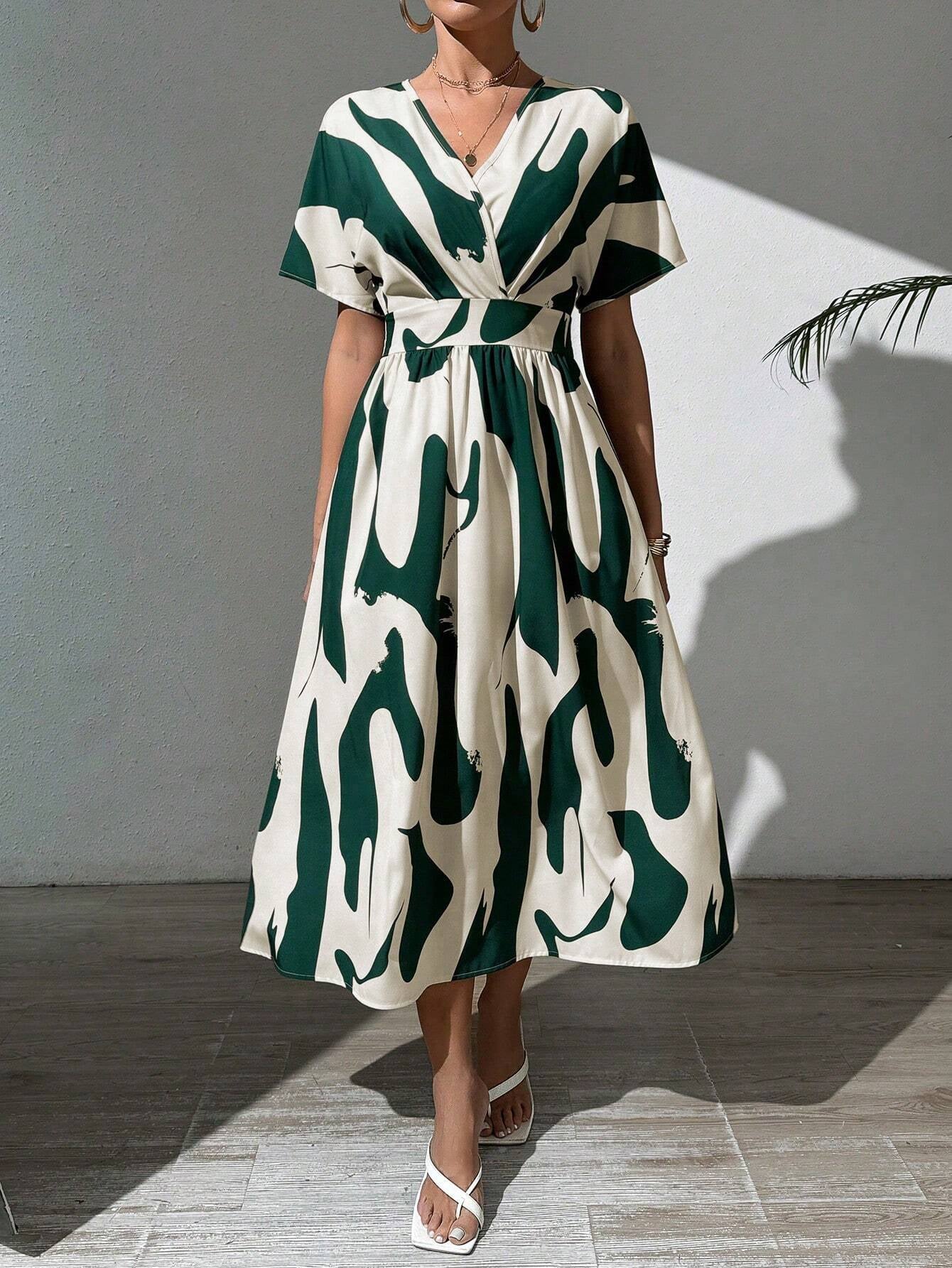 Printed V-Neck A-Line Dress