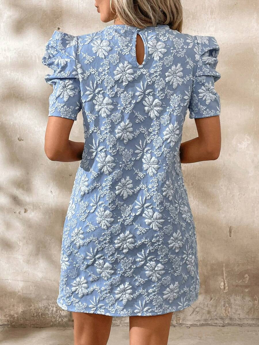 Puff Sleeve Textured Jacquard Dress