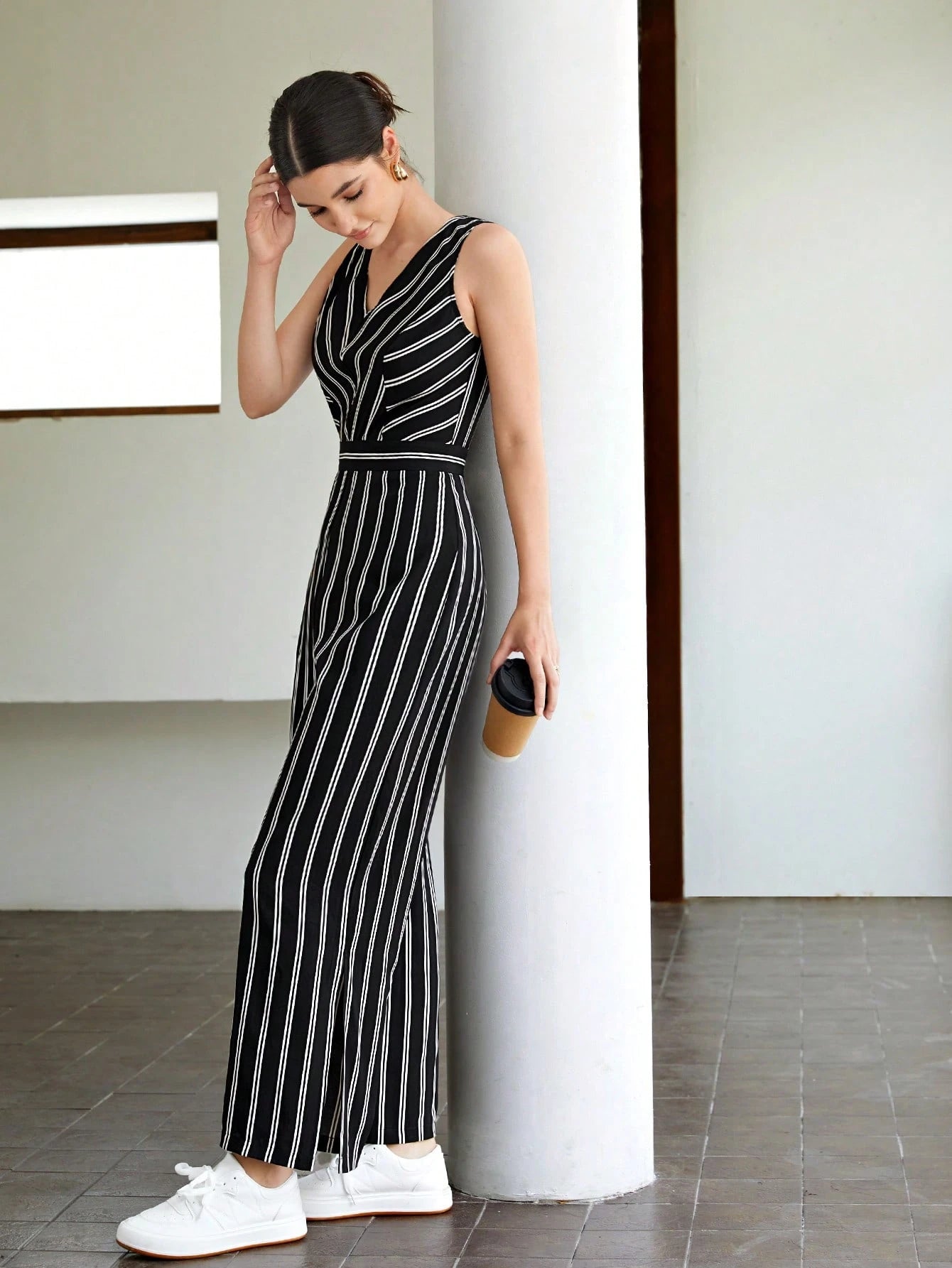 Striped Slit Hem Casual Jumpsuit