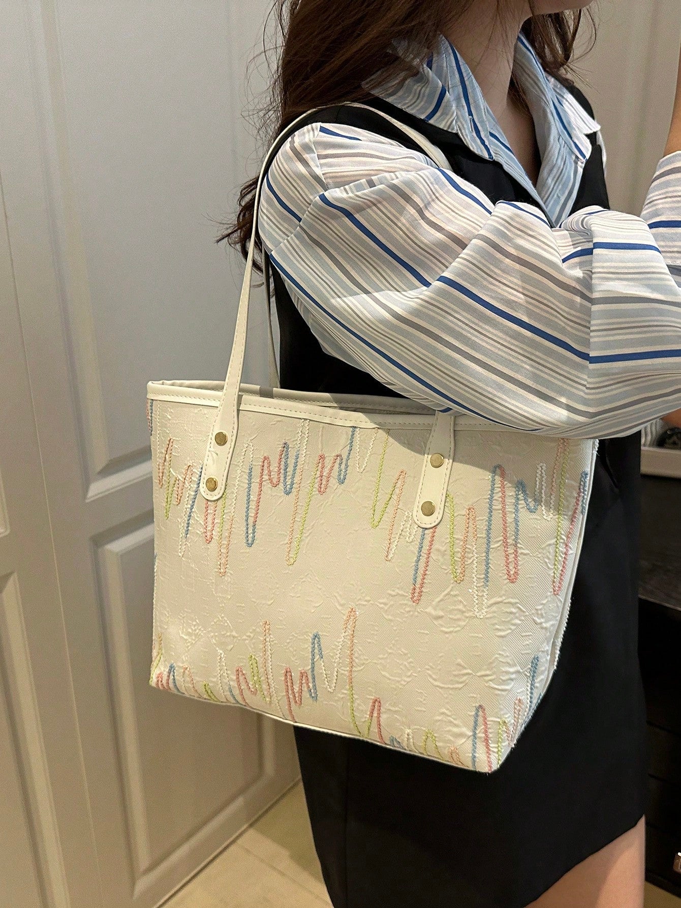White Multicolor Embossed Tote Bag