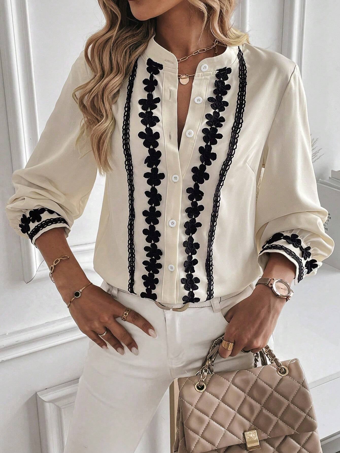 Floral Embroidered Stand Collar Blouse