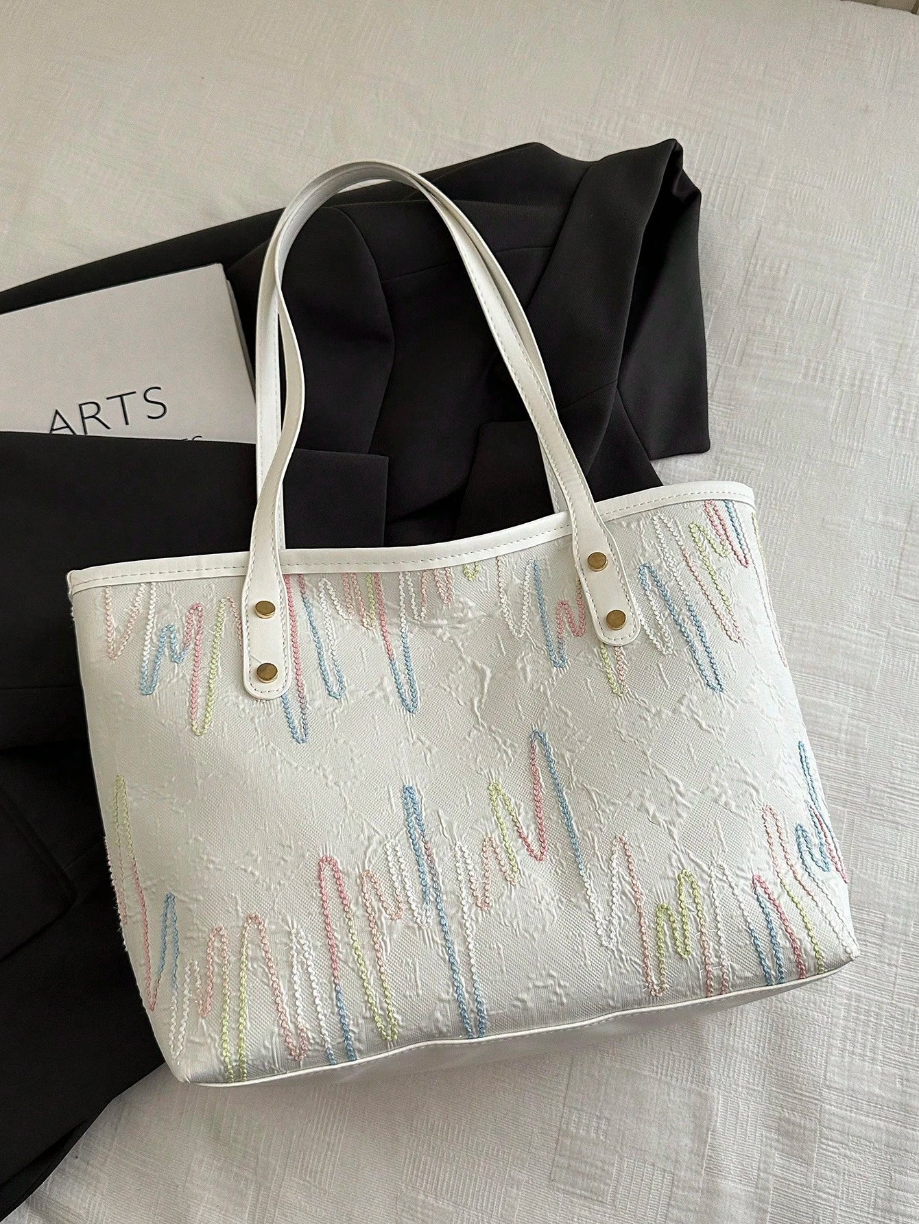 White Multicolor Embossed Tote Bag