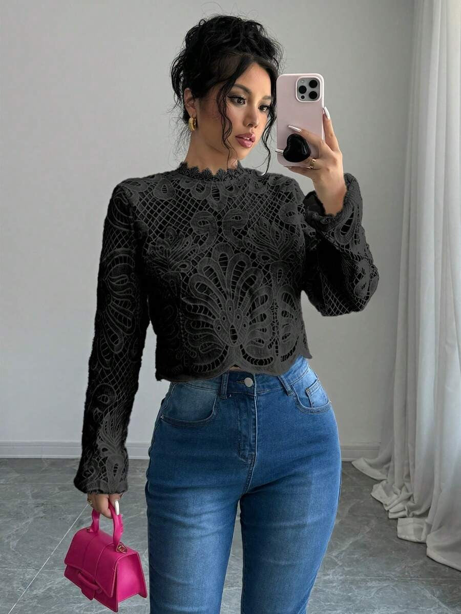 Elegant Lace Cropped Fall Shirt