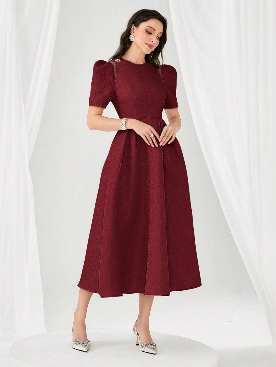 Puff Sleeve Jacquard Long Dress