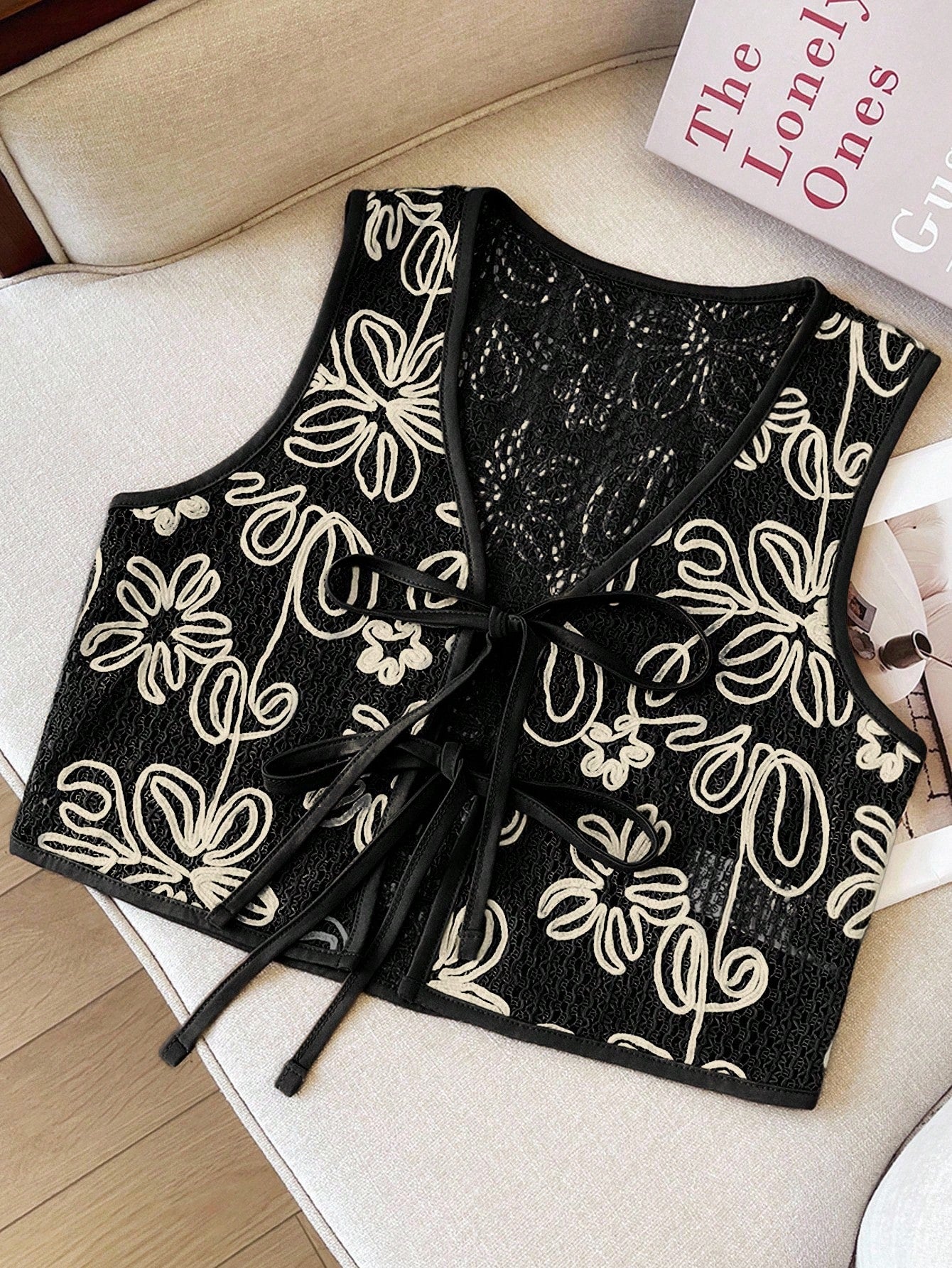 Floral Jacquard Tie-Front Camisole