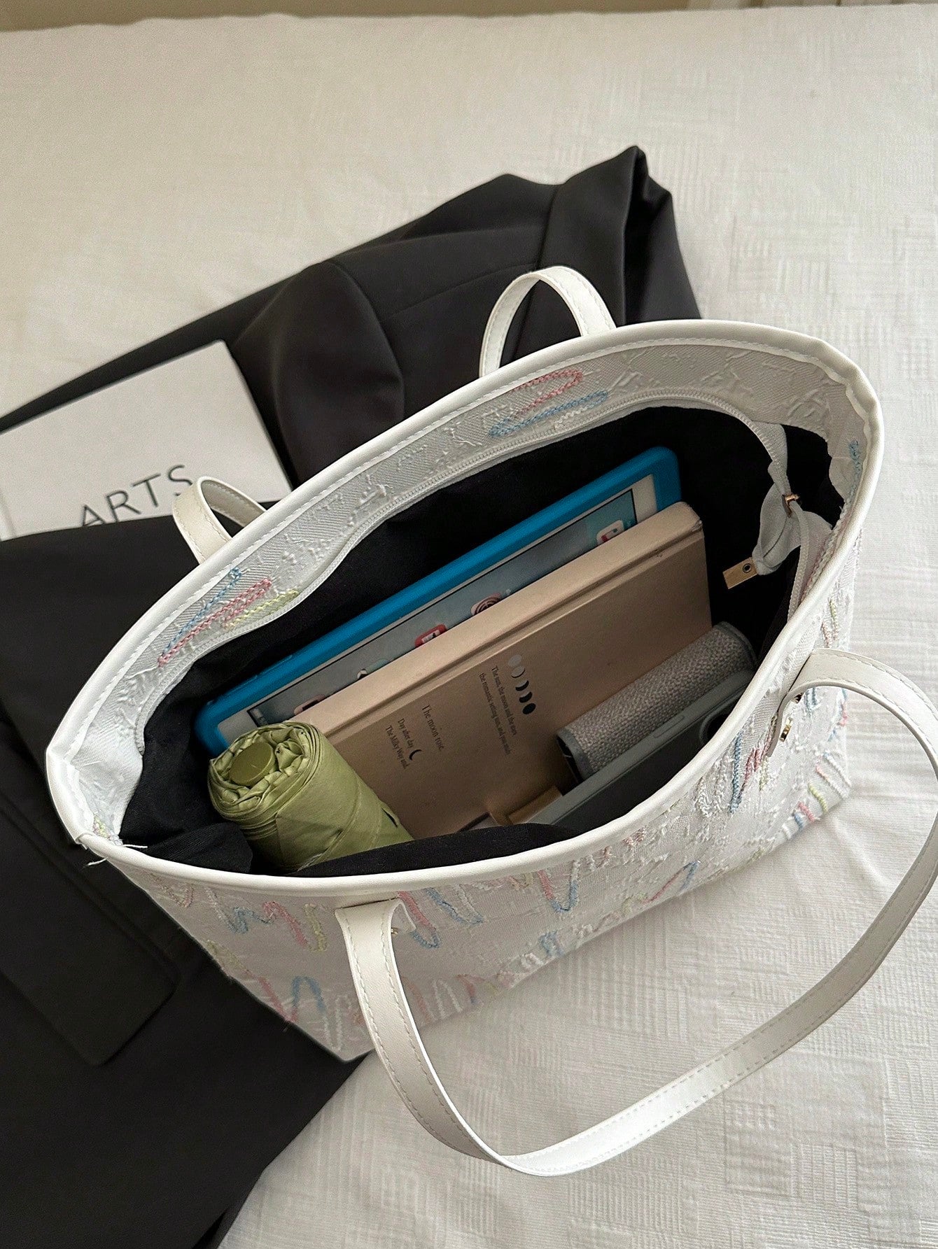 White Multicolor Embossed Tote Bag