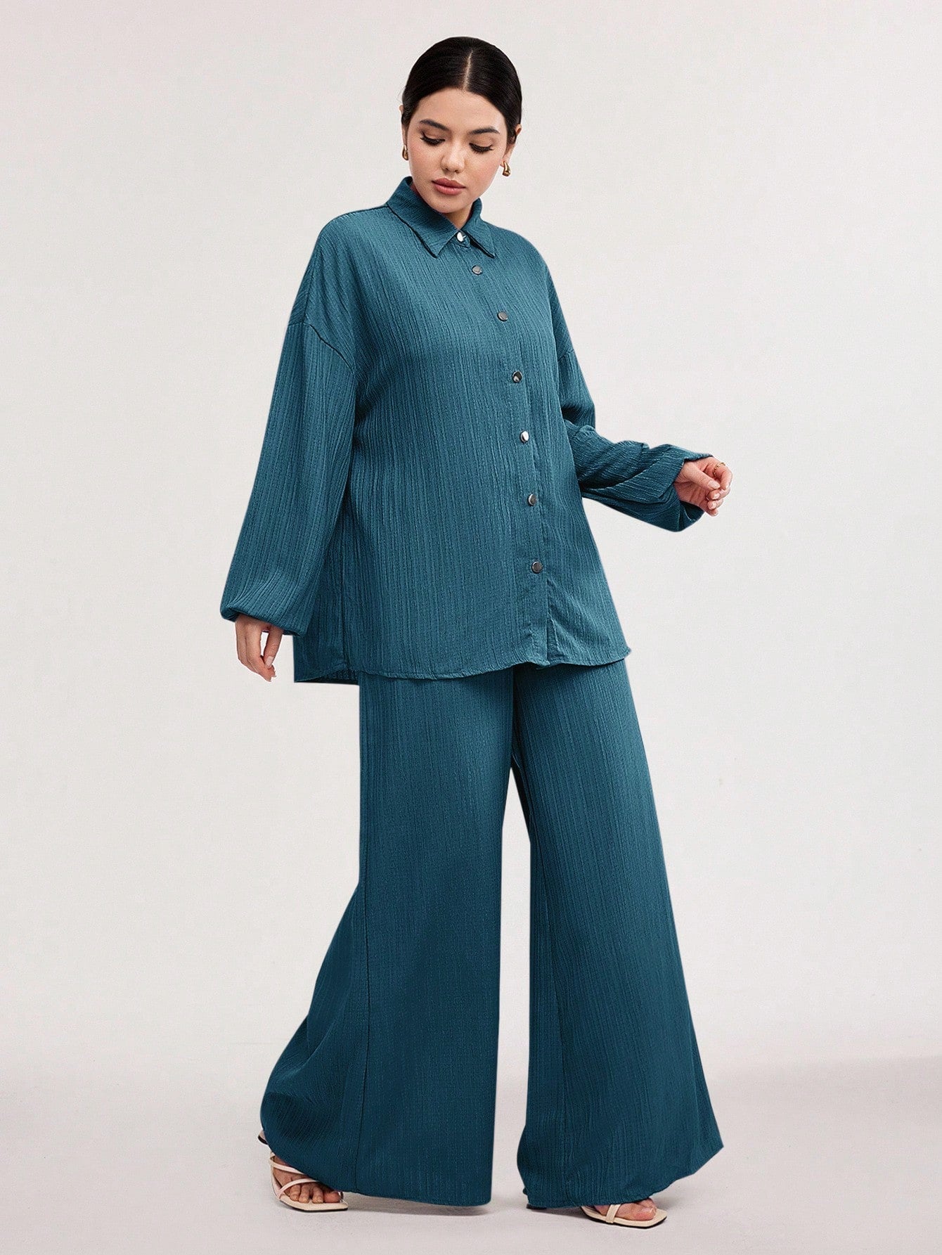 Textured Lantern Sleeve Pants Set