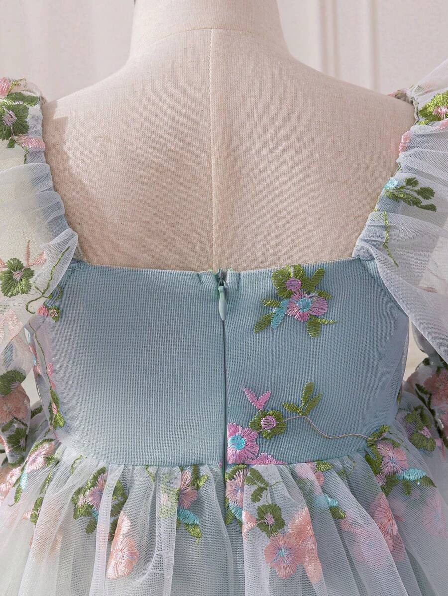 Embroidered Net Puff Sleeve Dress