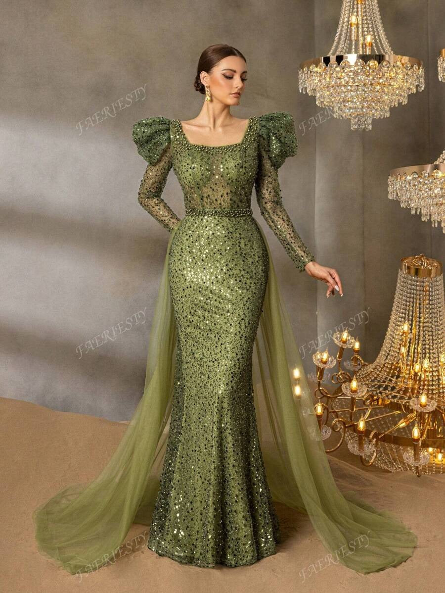 Mermaid Evening Gown with Puff Sleeves ft. Rebecca Khan