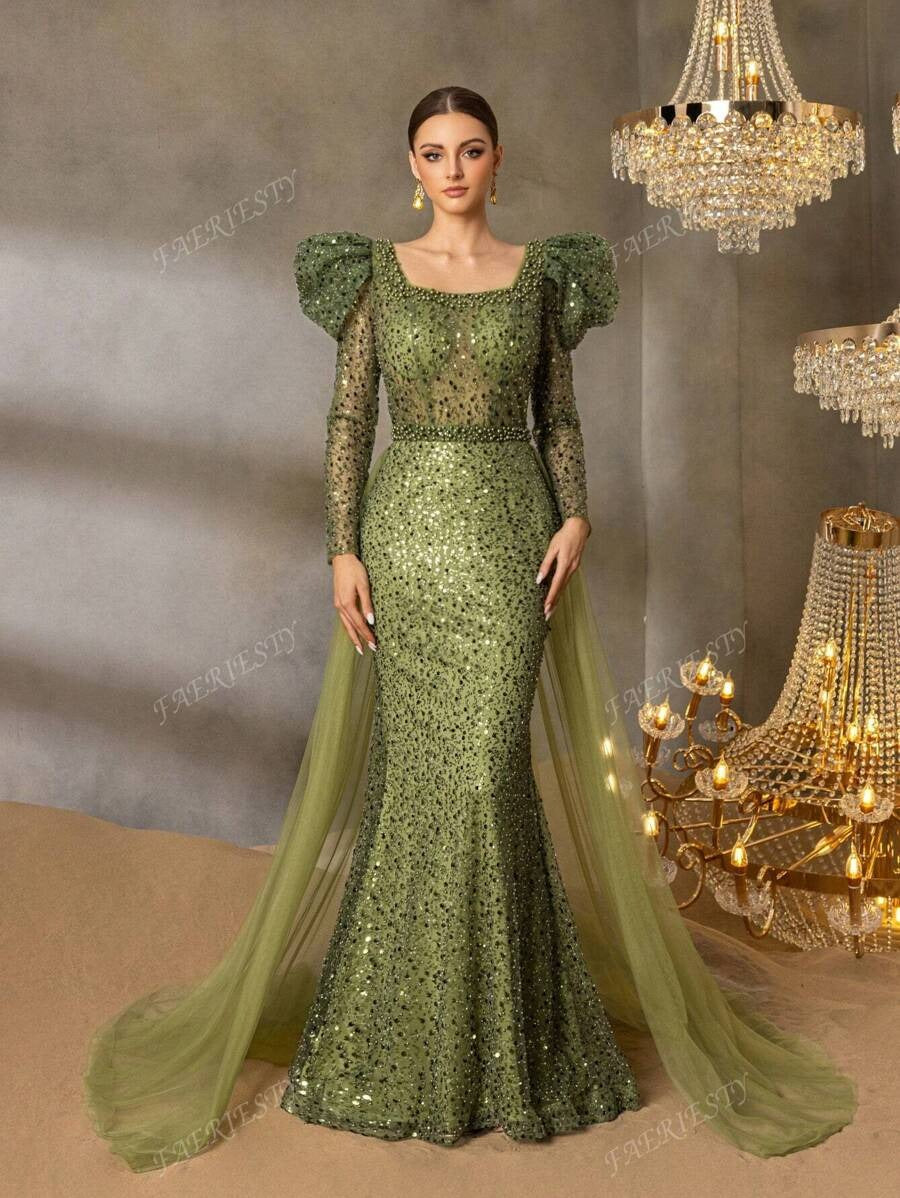 Mermaid Evening Gown with Puff Sleeves ft. Rebecca Khan
