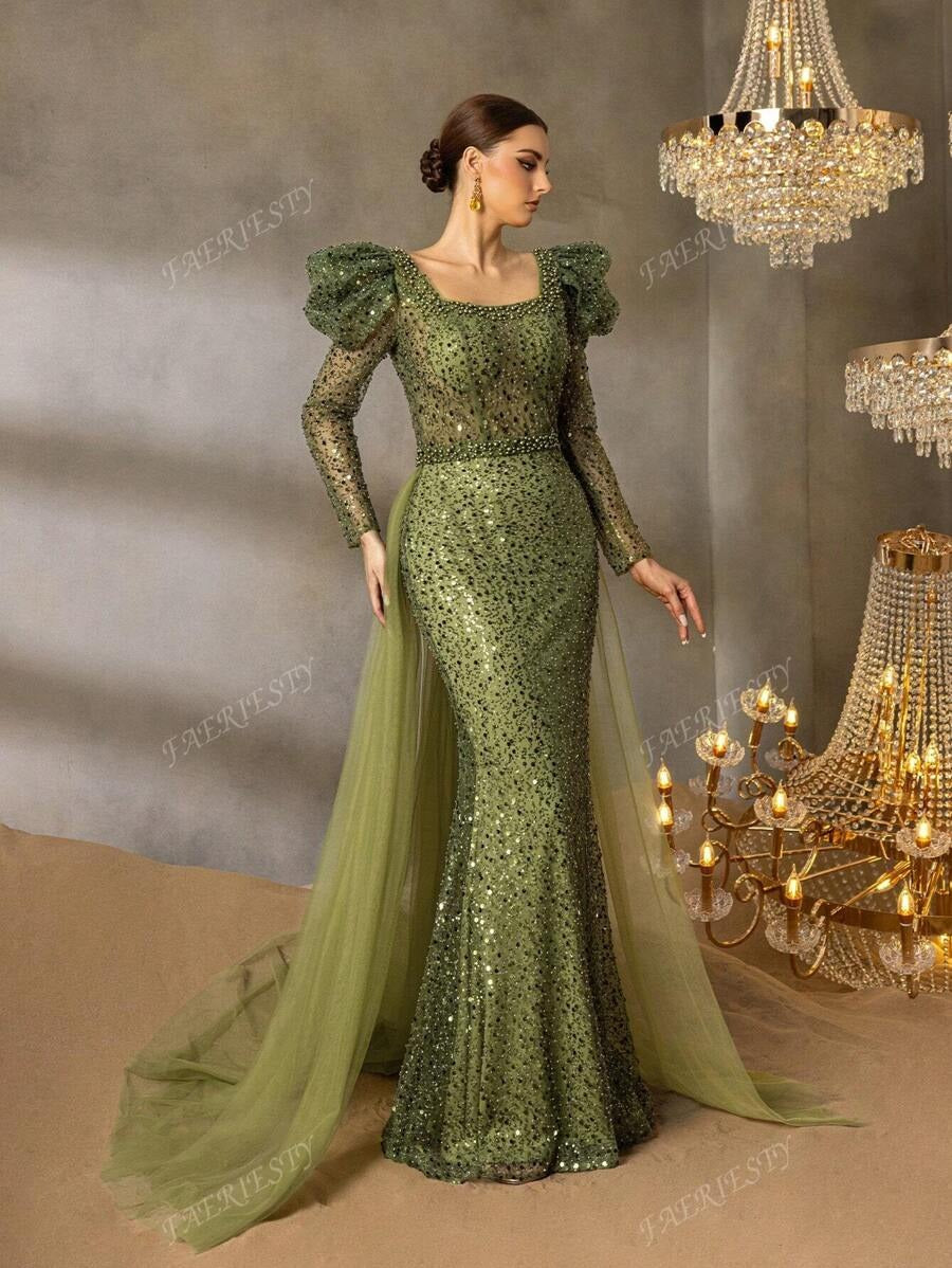 Mermaid Evening Gown with Puff Sleeves ft. Rebecca Khan