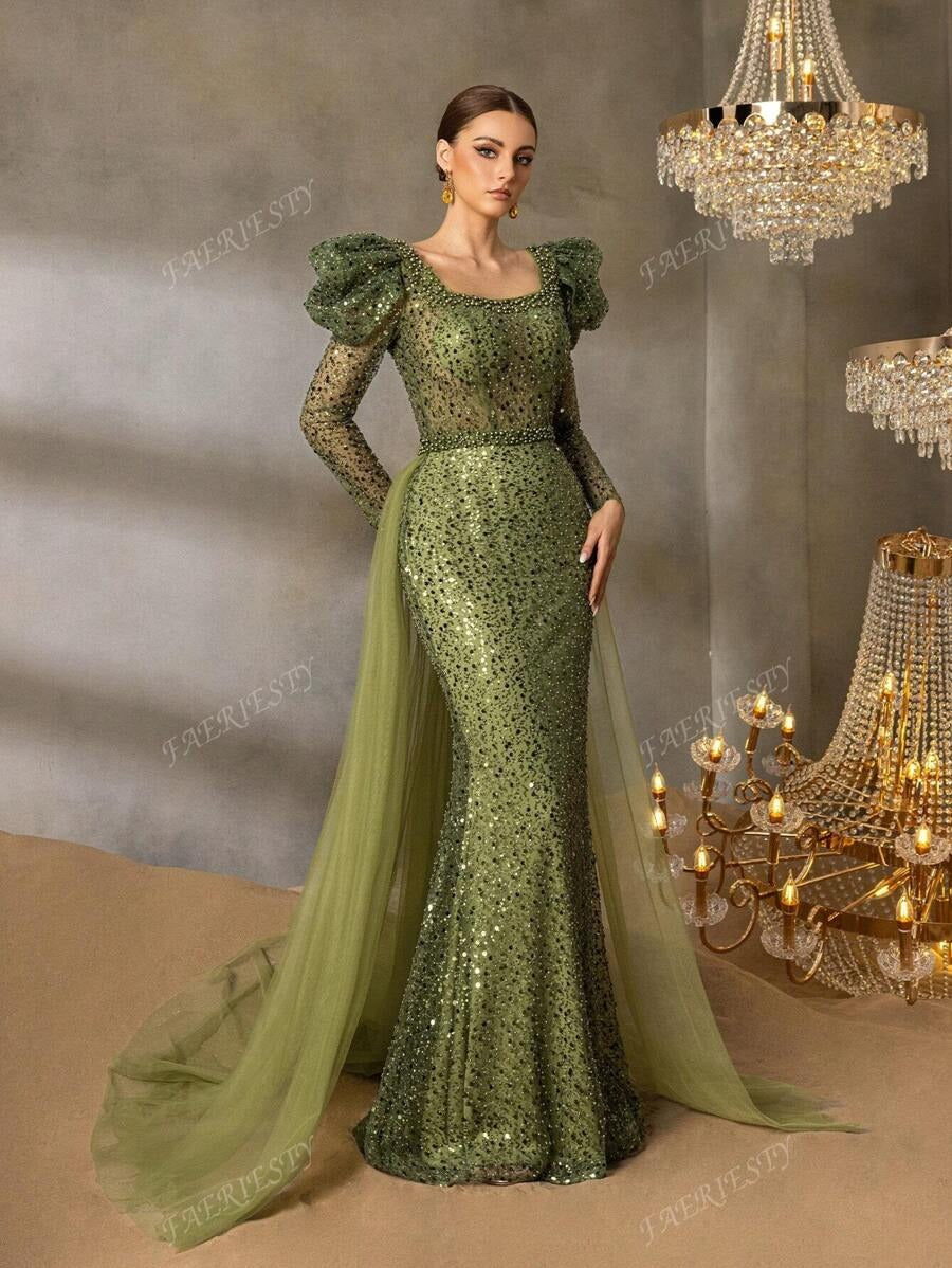 Mermaid Evening Gown with Puff Sleeves ft. Rebecca Khan