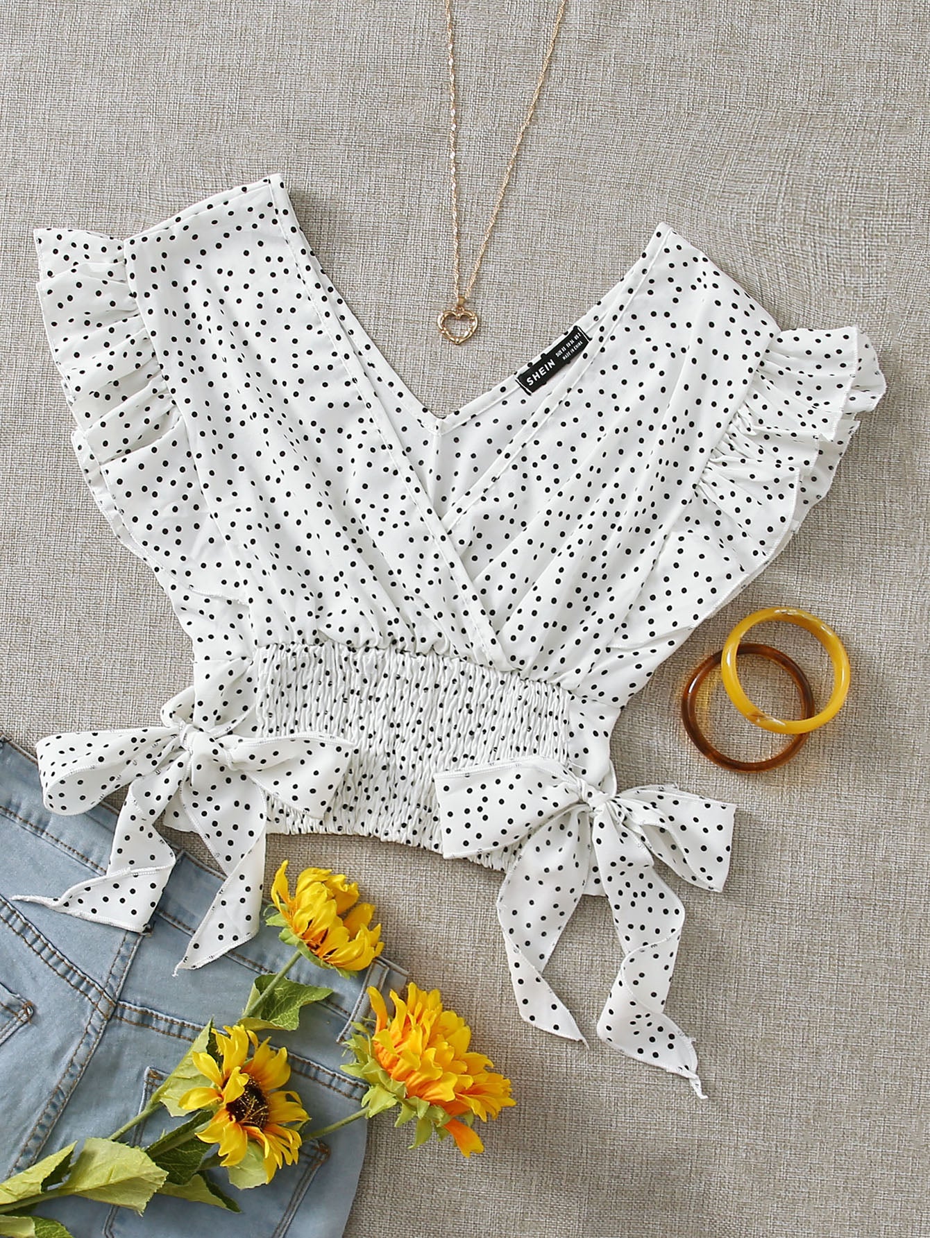 Polka Dot Shirred Ruffle Top