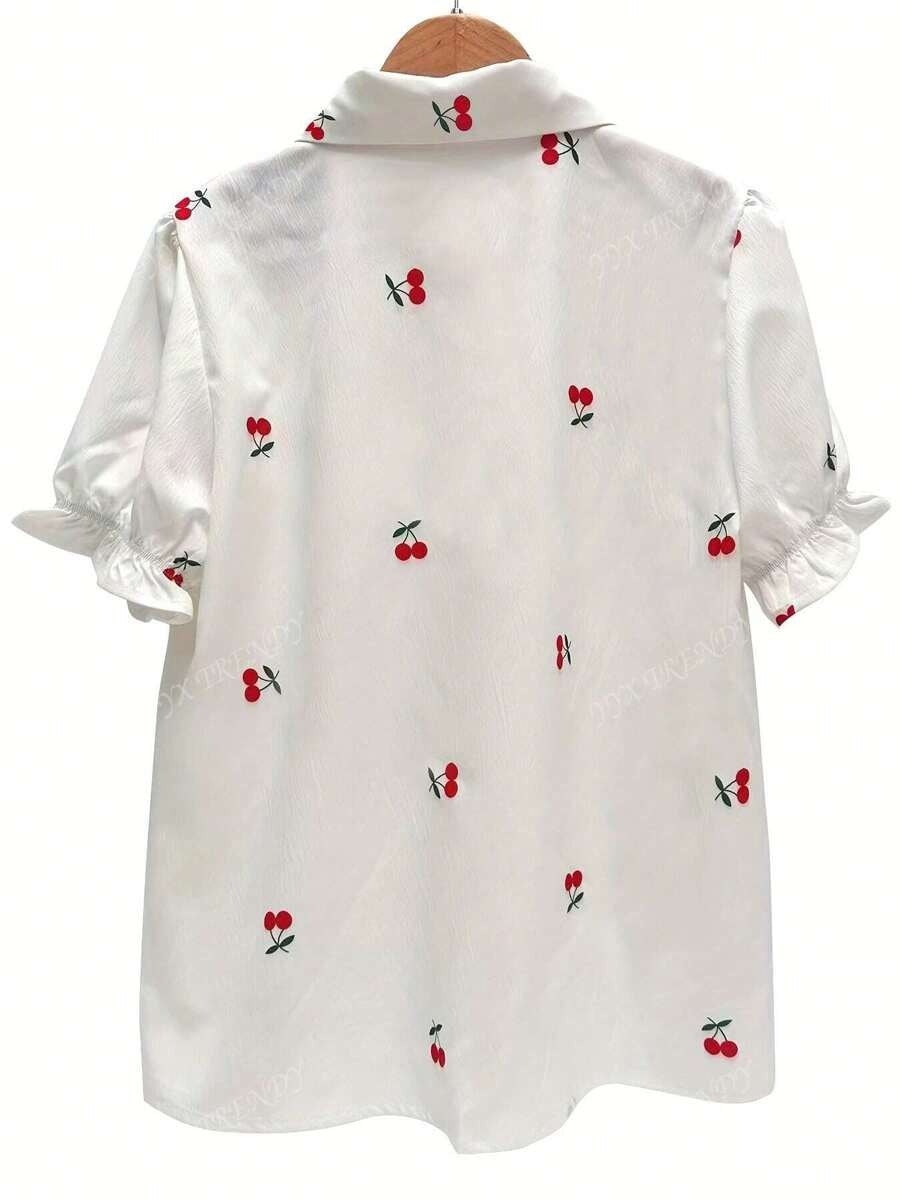 Cherry Print Ruffle Sleeve Blouse