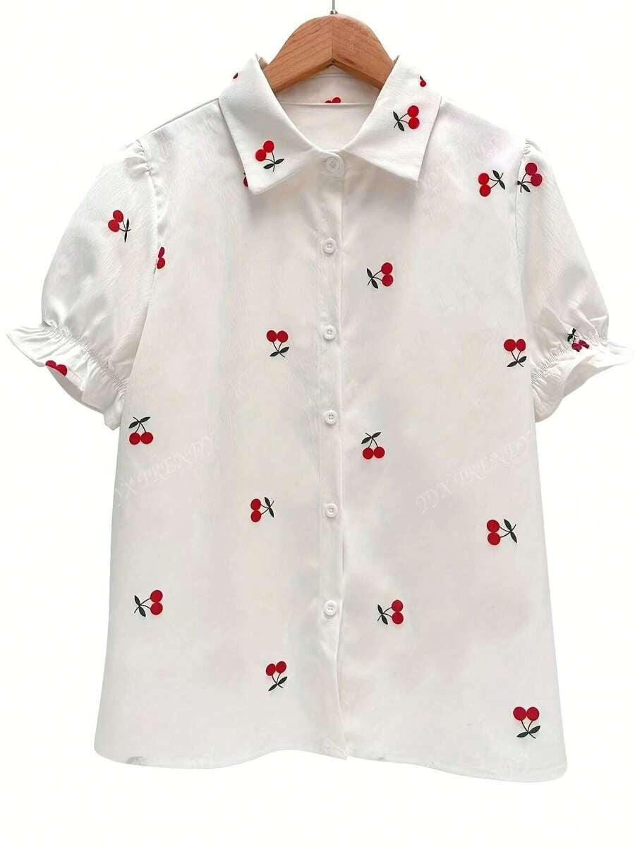 Cherry Print Ruffle Sleeve Blouse